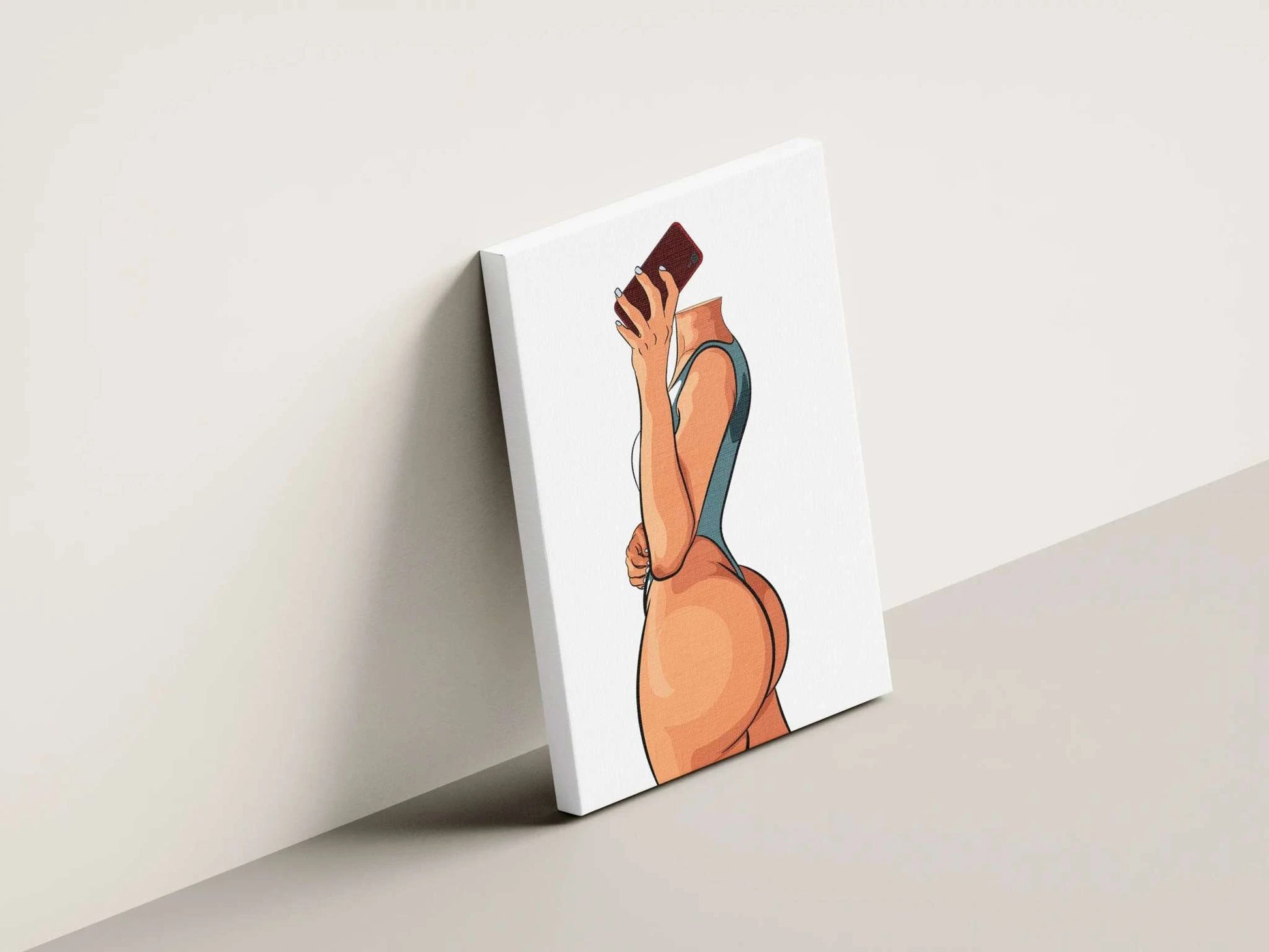 Model 14 - Baked Art canvas featuring a confident figure in activewear holding a smartphone against a minimal backdrop.