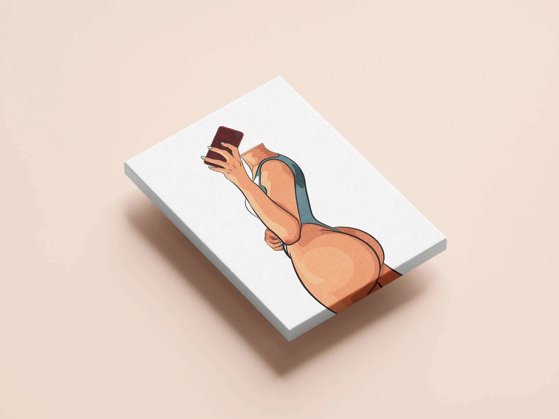 Digital artwork of a fitness model in activewear holding a smartphone, titled "Bikini Model 14 - Digitalized Arts Baked Art".