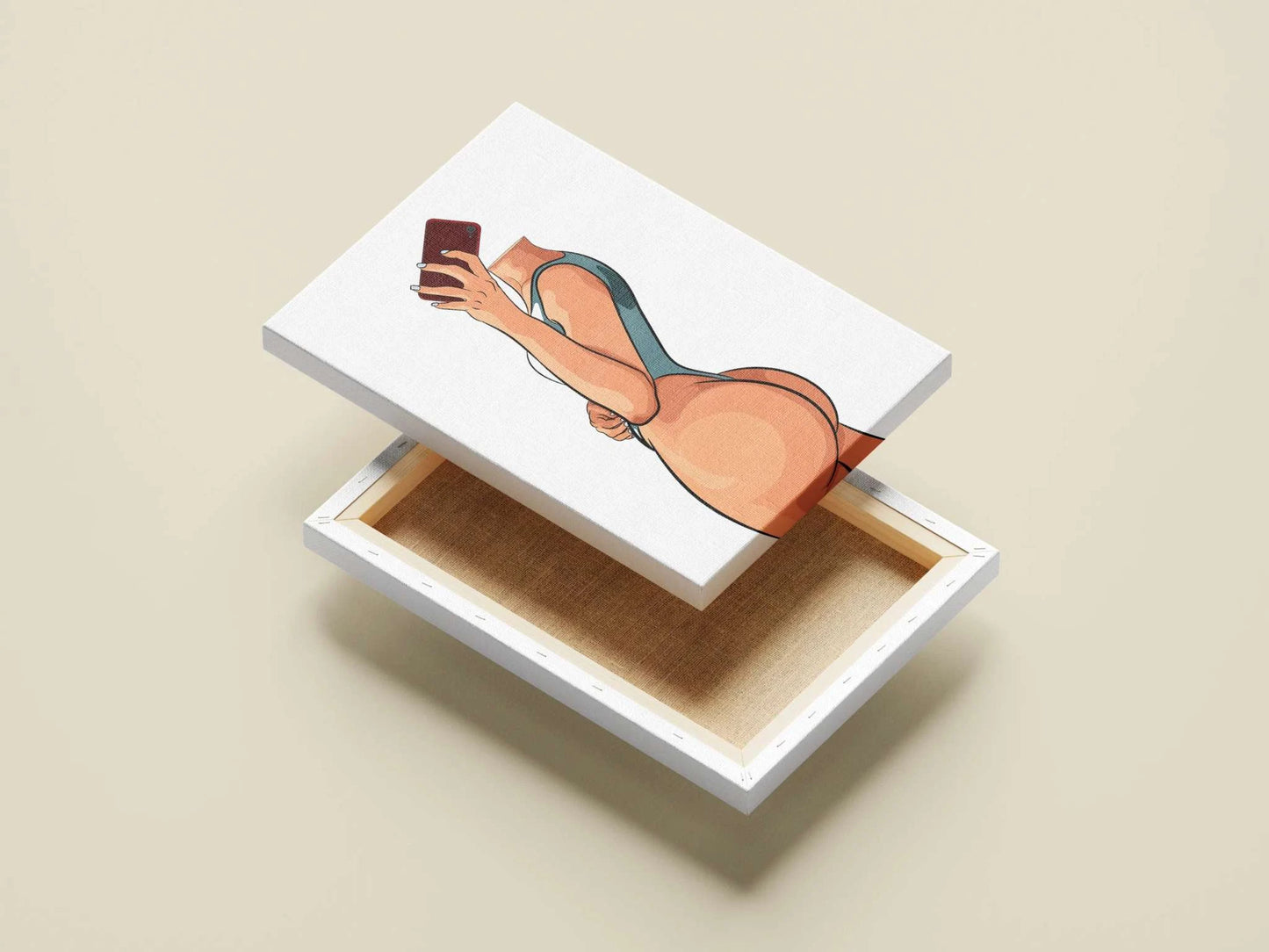 Model 14 Baked Art digital artwork featuring a confident figure in activewear with a smartphone on a minimal backdrop.