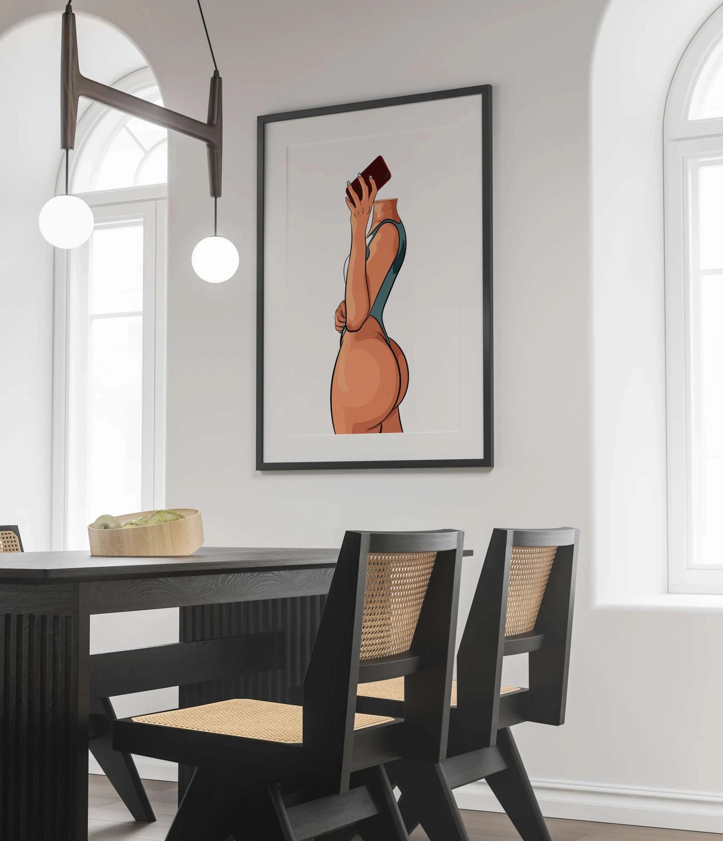 Model 14 Baked Art digital print hanging in a modern dining room.