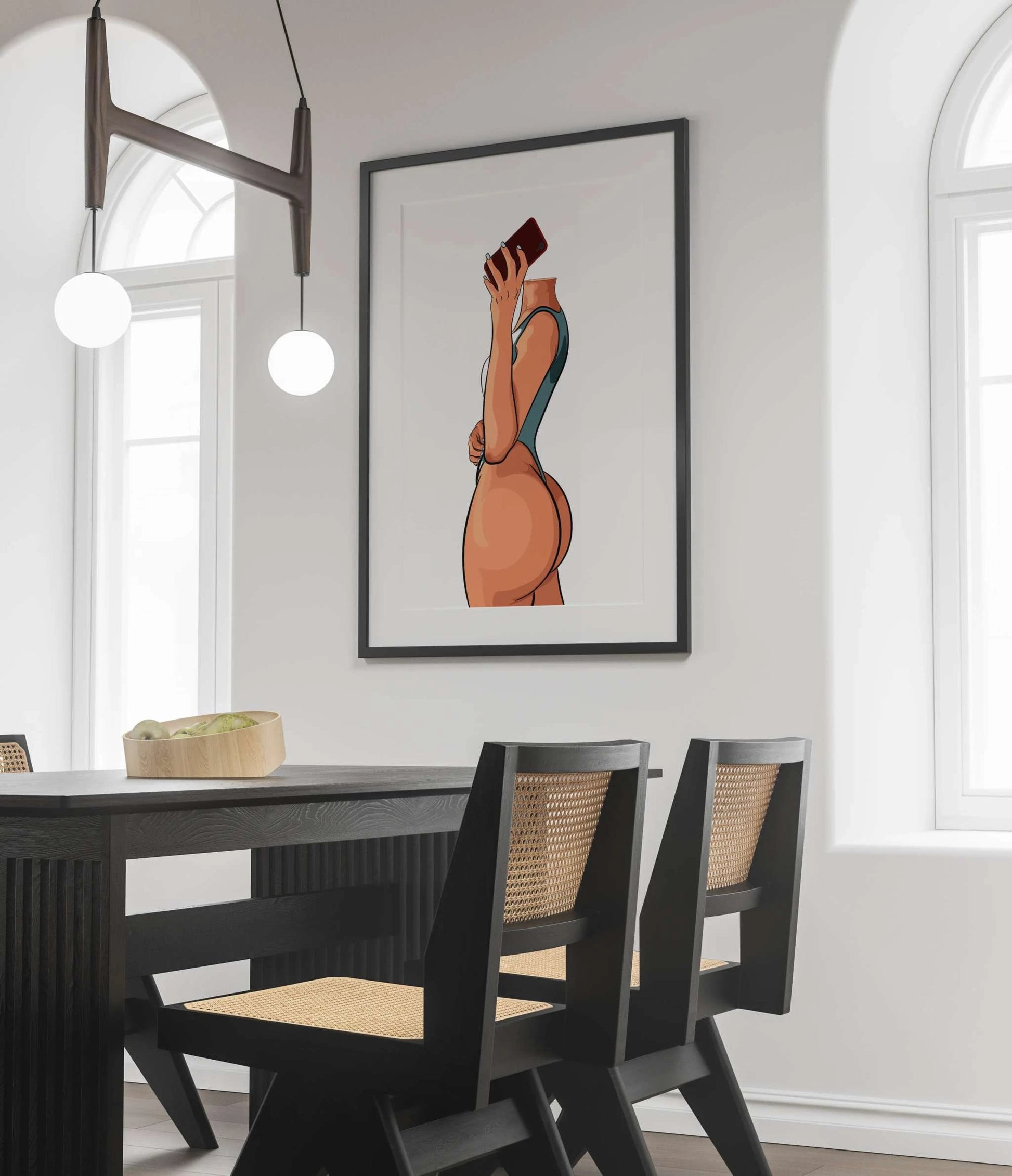 Model 14 Baked Art digital print hanging in a modern dining room.