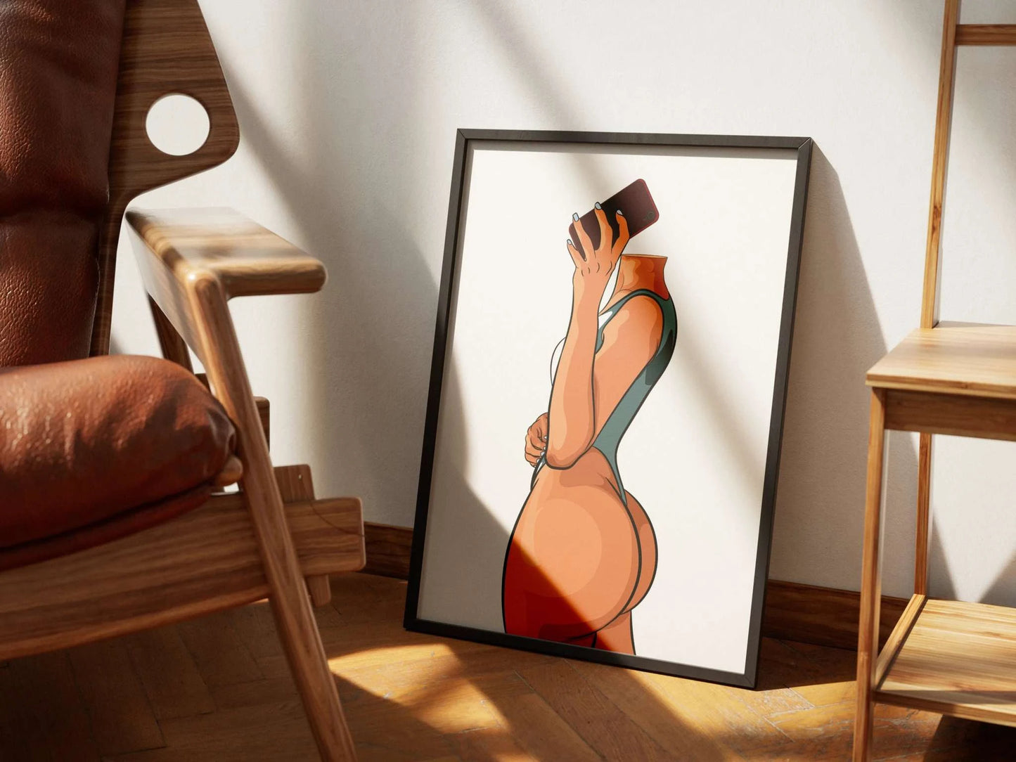 Model 14 - Baked Art digital artwork featuring a confident figure in activewear, stylishly holding a smartphone, displayed in a modern wooden interior.