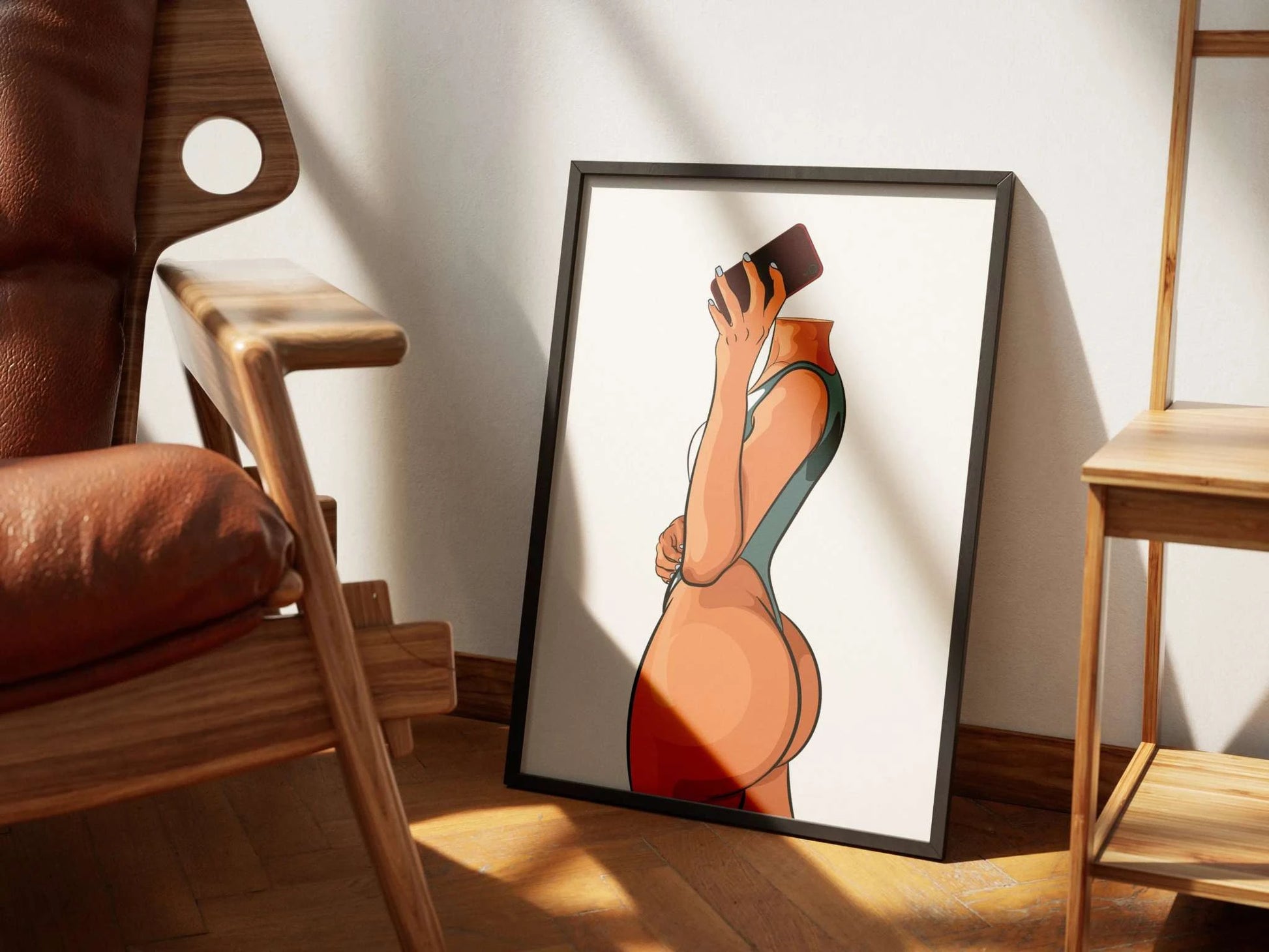 Model 14 - Baked Art digital artwork featuring a confident figure in activewear, stylishly holding a smartphone, displayed in a modern wooden interior.