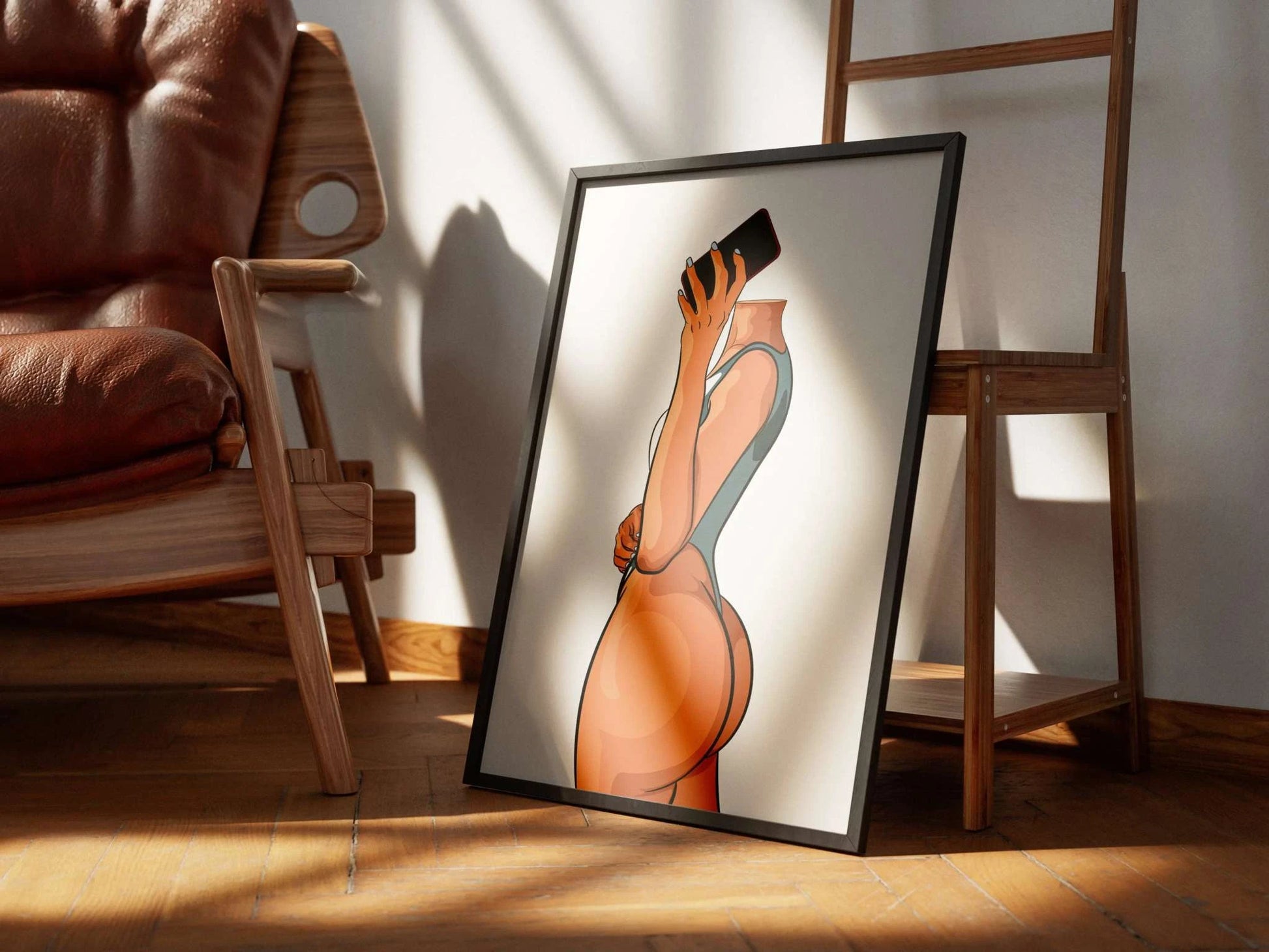 Baked art illustration of a fitness model in activewear holding a smartphone, framed and displayed in a modern setting.