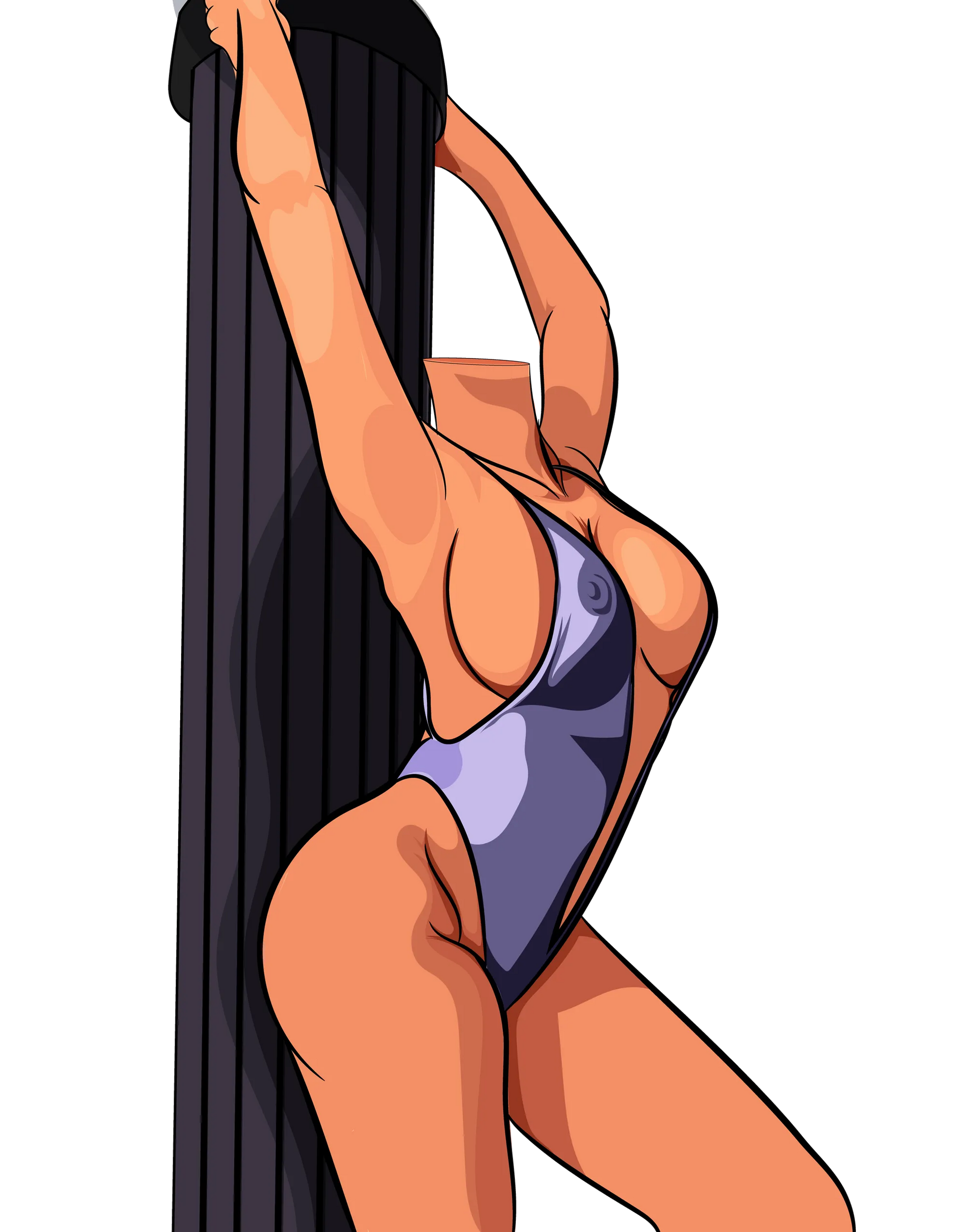 Dynamic digital artwork of a confident figure in a vibrant bodysuit posed on a pole, highlighting Model 15 by Digitalized Arts.