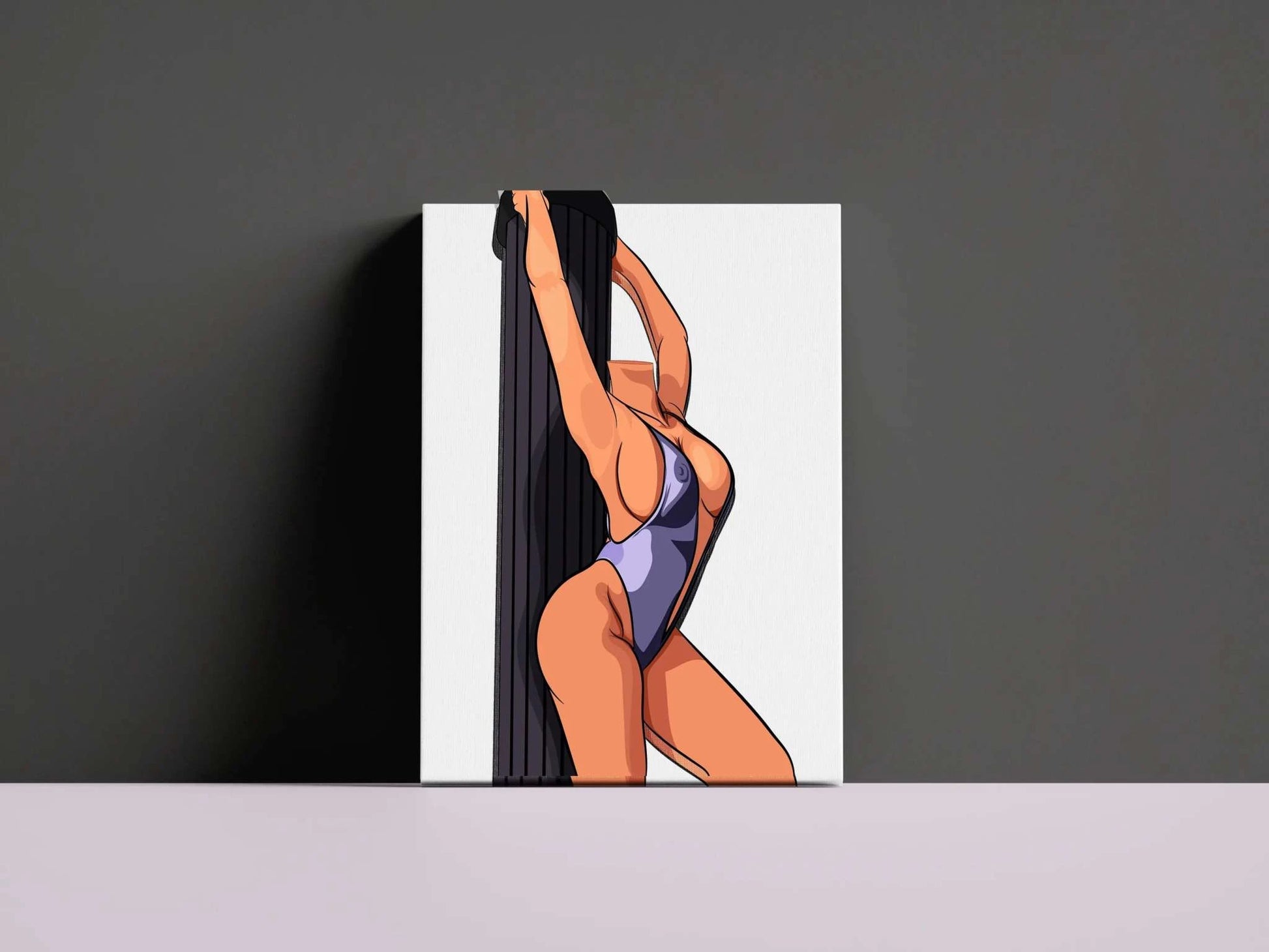 Baked art model posed elegantly on a pole in vibrant bodysuit.