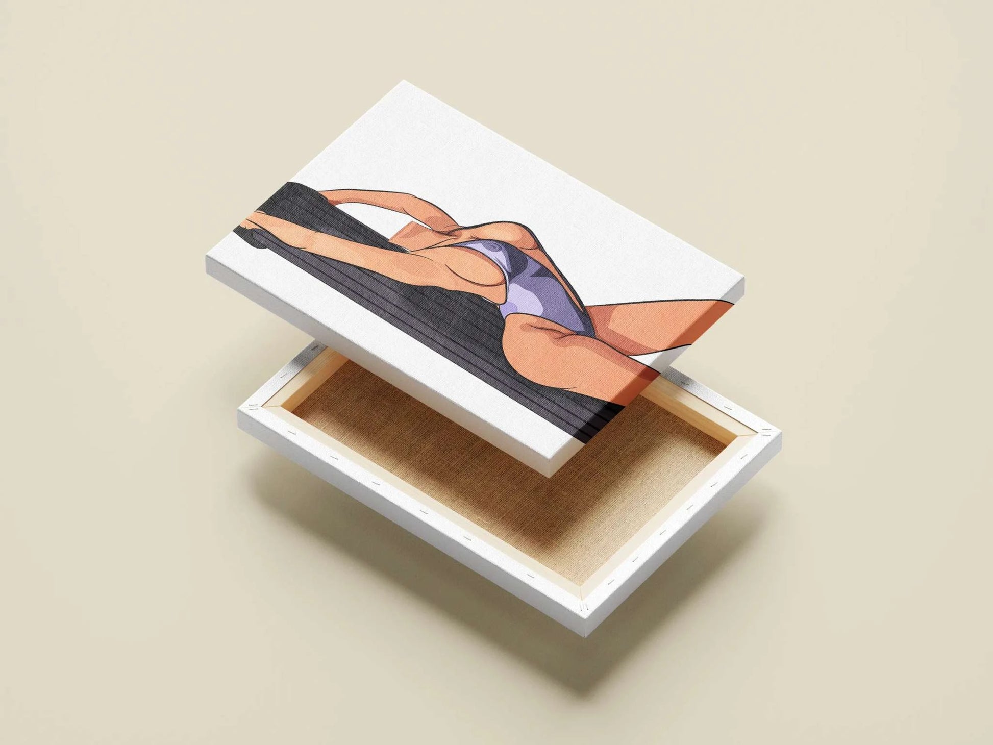 Model 15 - Baked Art digital illustration on canvas box, featuring a dynamic figure in a vibrant bodysuit, ideal for fitness and modern art projects.