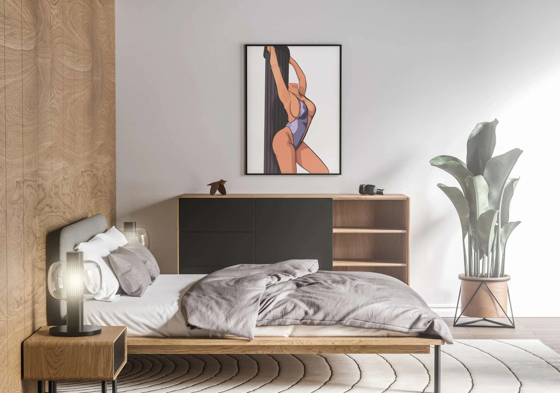 Bedroom interior featuring "Model 15 - Baked Art" artwork, showcasing a confident figure in a vibrant bodysuit on a pole above a modern bed setup.