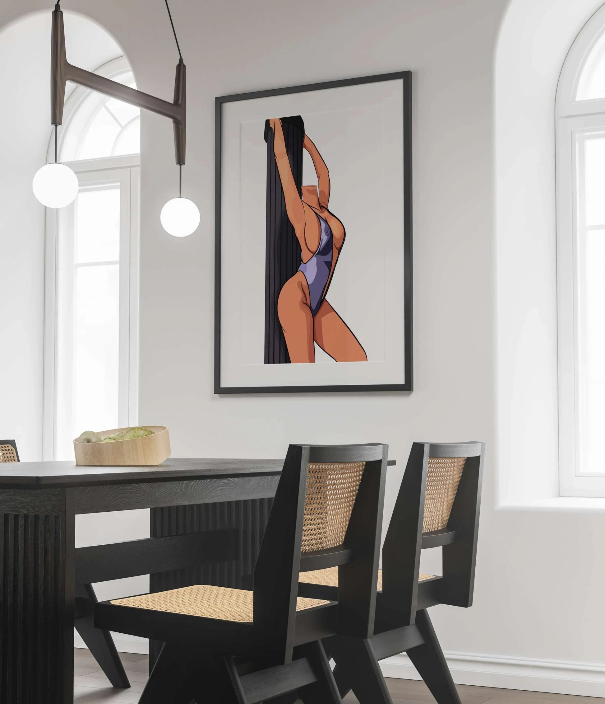 Model 15 - Baked Art illustration featuring a vibrant figure in a bodysuit on a pole, displayed as wall art in a modern dining room.