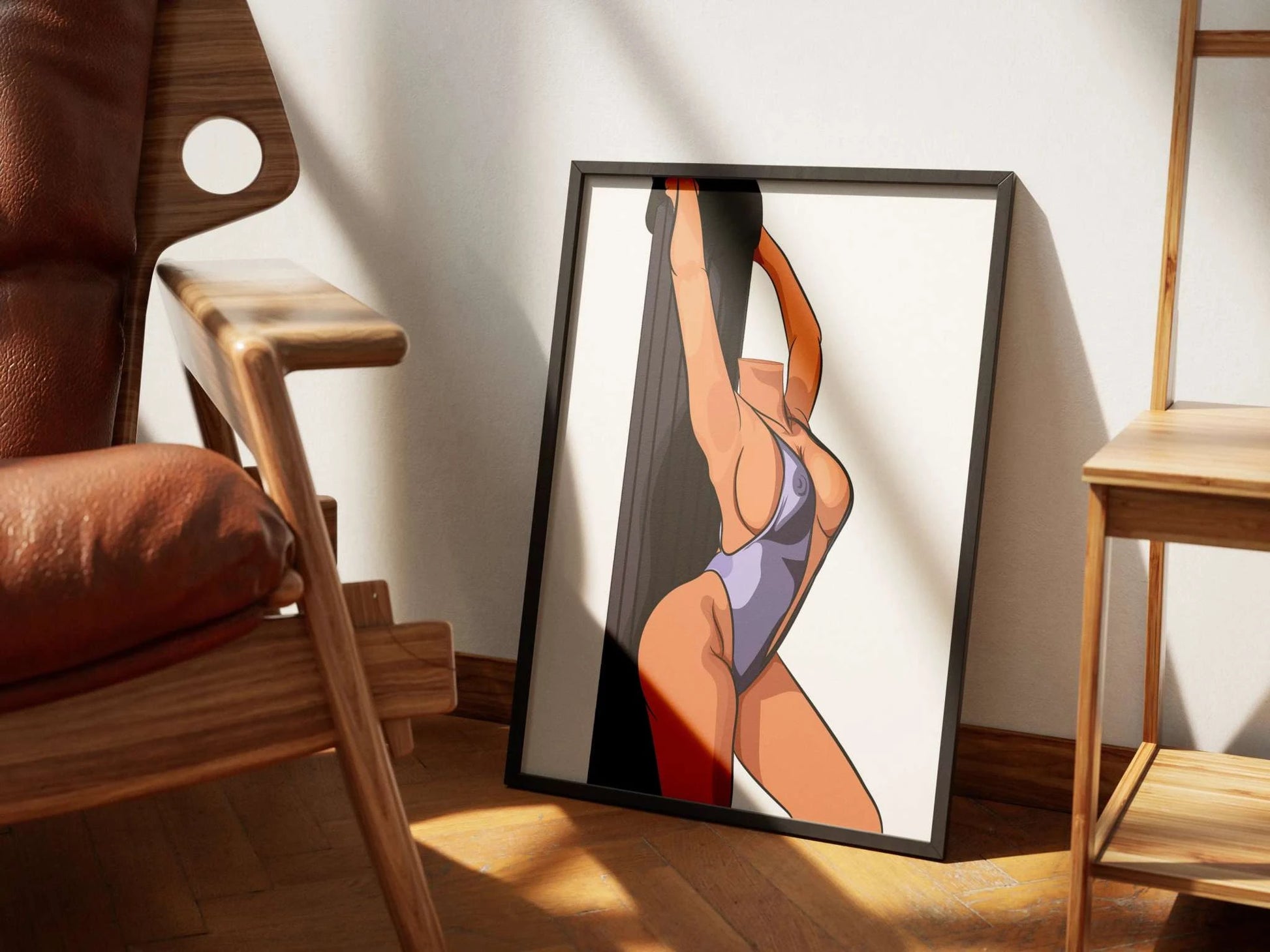 Bikini Model 15 digital artwork showcasing a dynamic pole fitness pose in a framed print setting.