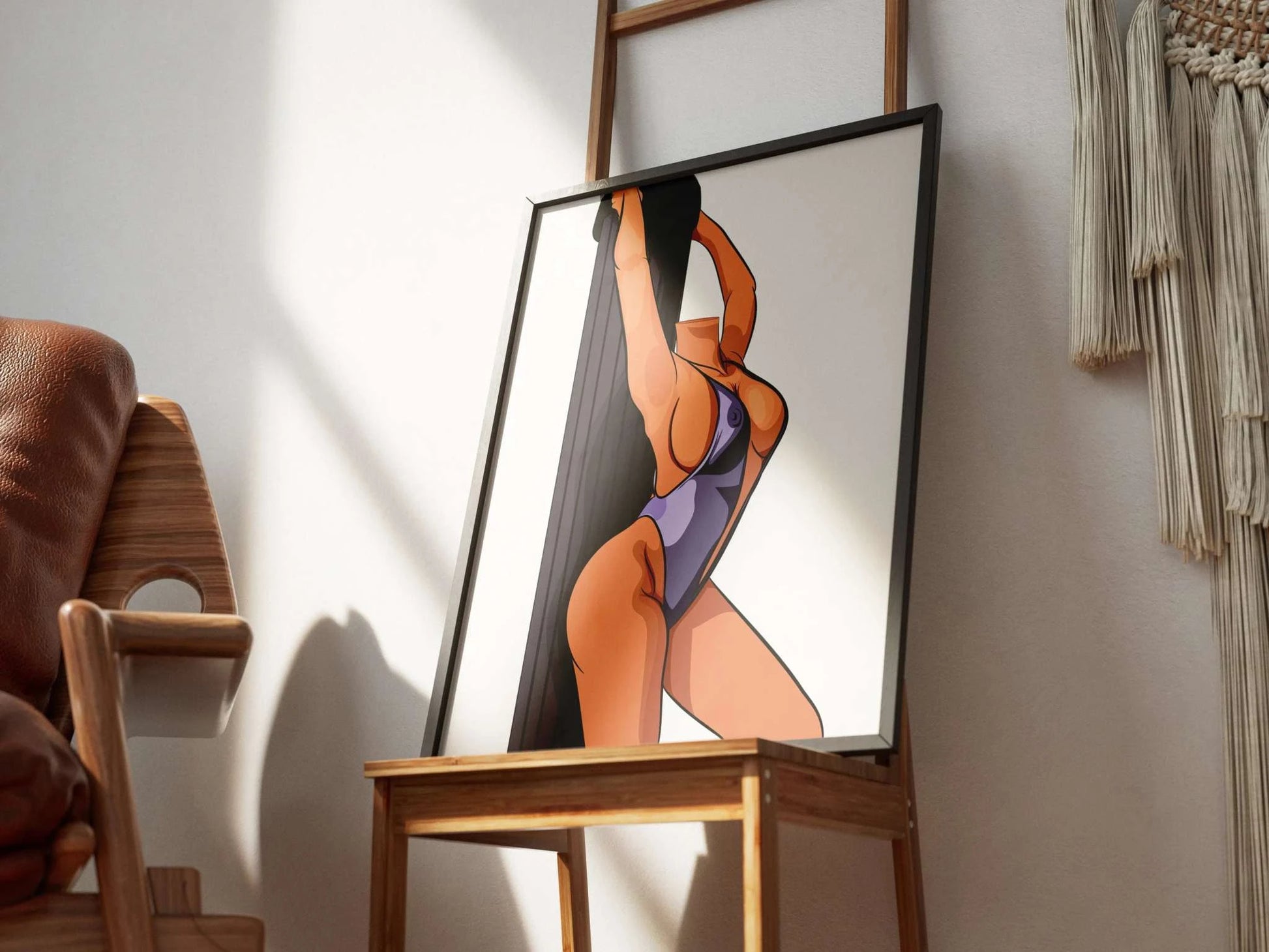Model 15 Baked Art digital artwork featuring a pole fitness model in a vibrant bodysuit, displayed on a wooden easel.