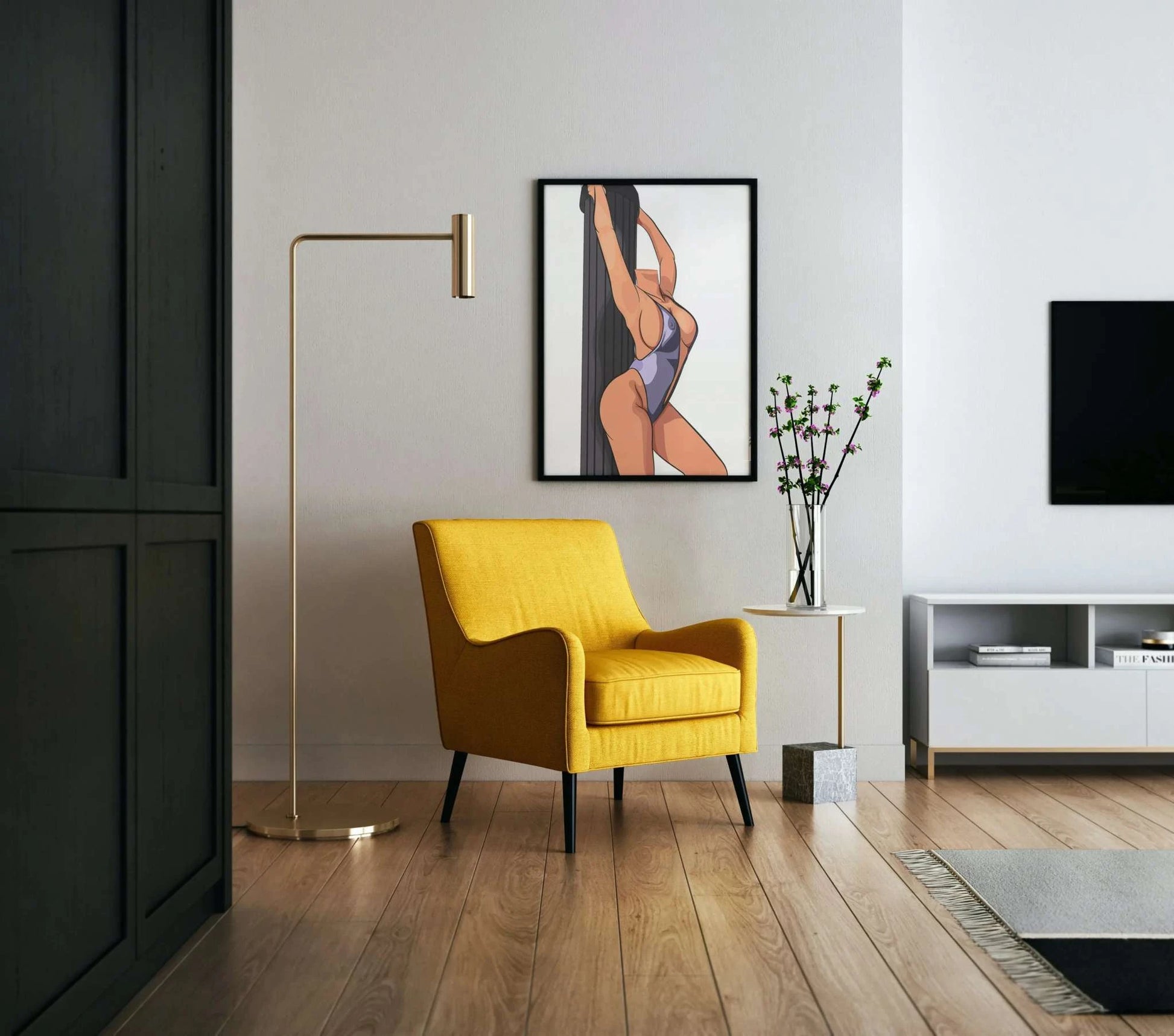 Model 15 - Baked Art print in modern living room with yellow chair and elegant décor.