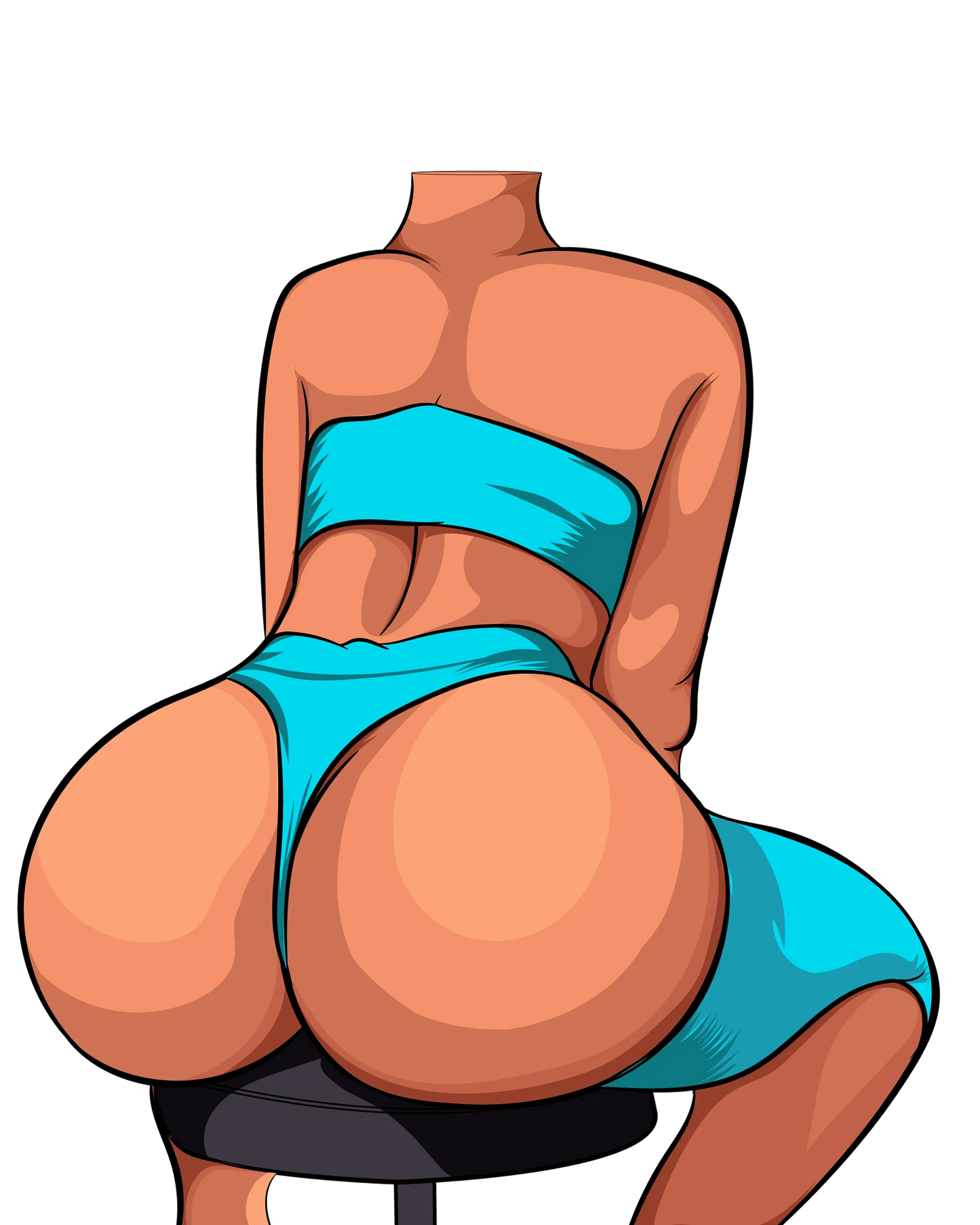 Model 16 - Baked Art: Digital illustration of a figure in a blue bikini seated on a stool, showcasing lifelike anatomy and smooth shading.