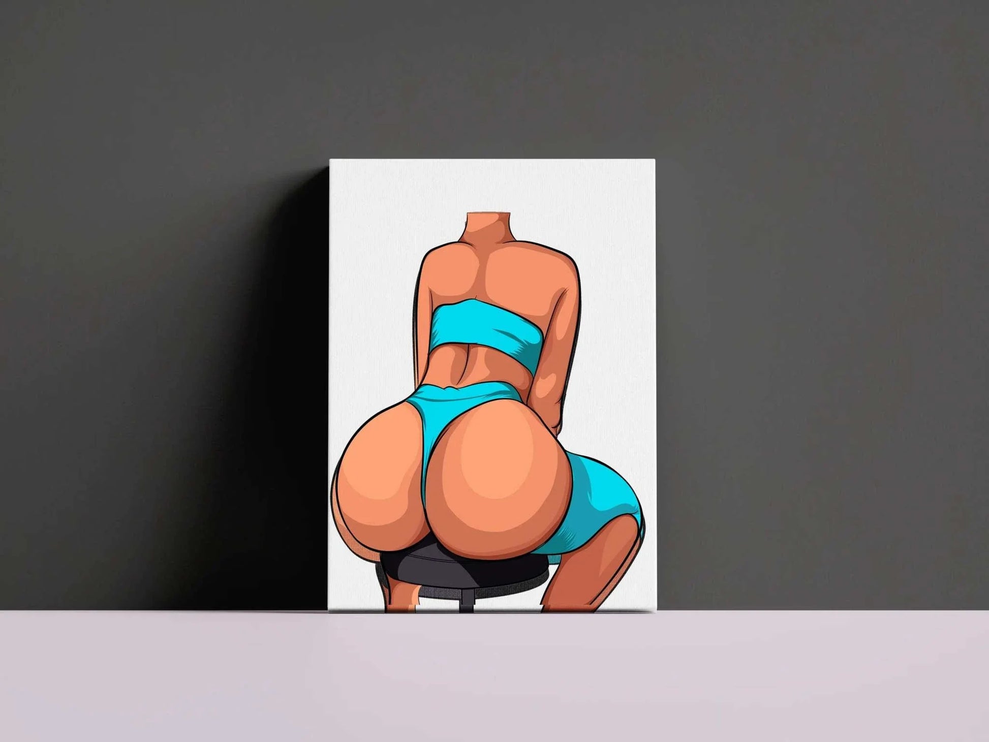 Baked art featuring Model 16 in a vibrant blue bikini seated on a stool.