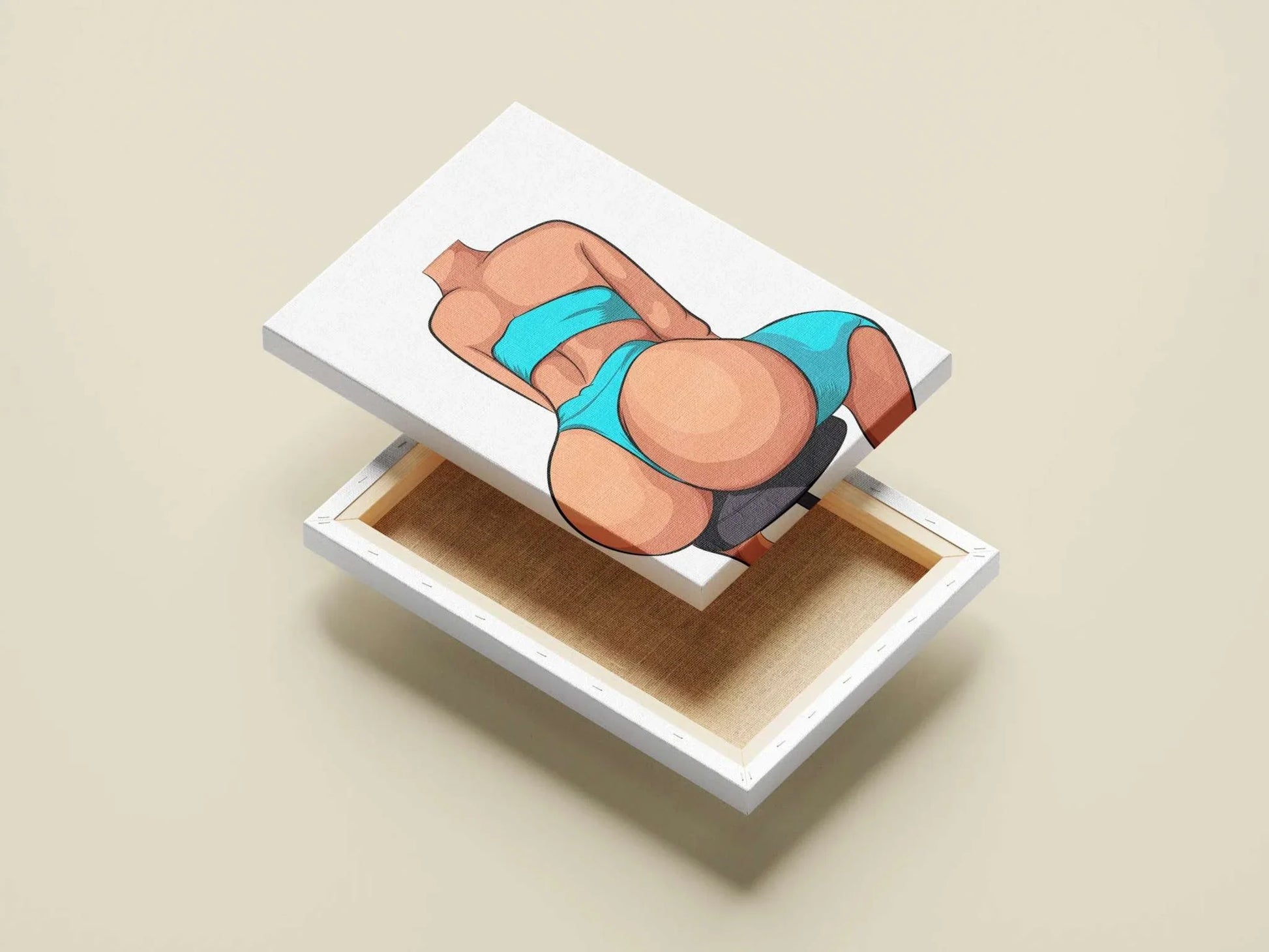 Model 16 Baked Art featuring figure in blue bikini on a stool, highlighting lifelike anatomy and vibrant design.