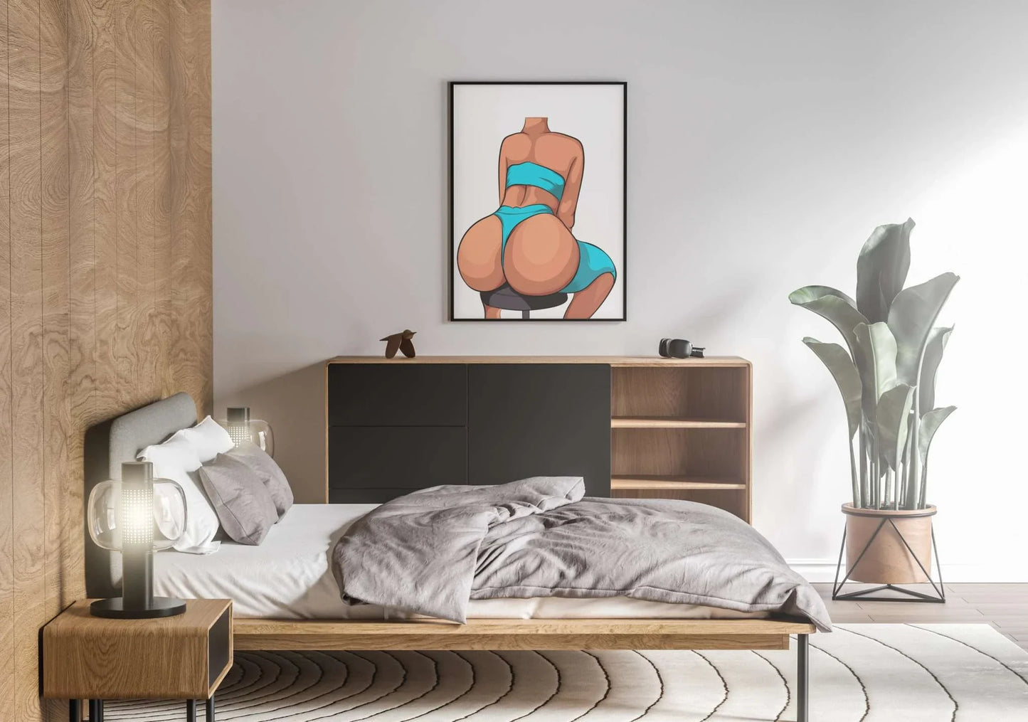 Baked art of Model 16 in vibrant blue bikini displayed in modern bedroom.