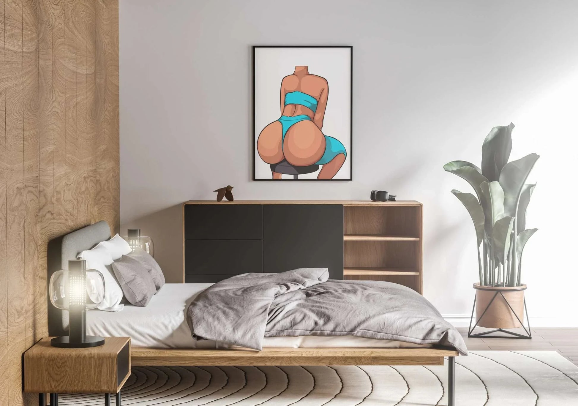 Baked art of Model 16 in vibrant blue bikini displayed in modern bedroom.