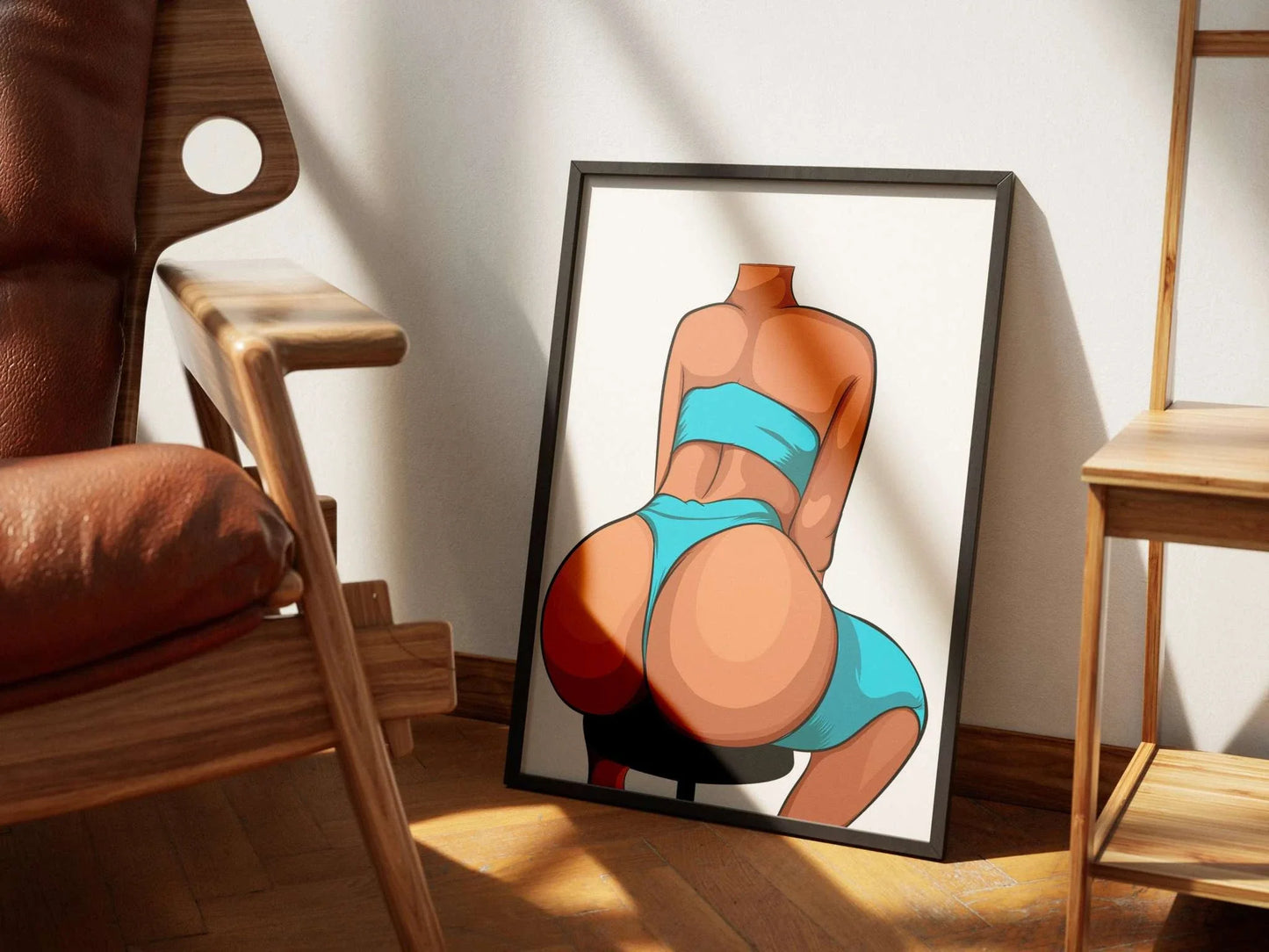 Digital art of a figure in a vibrant blue bikini seated on a stool, showcasing elegant anatomy and smooth shading; perfect for Model 16 - Baked Art.