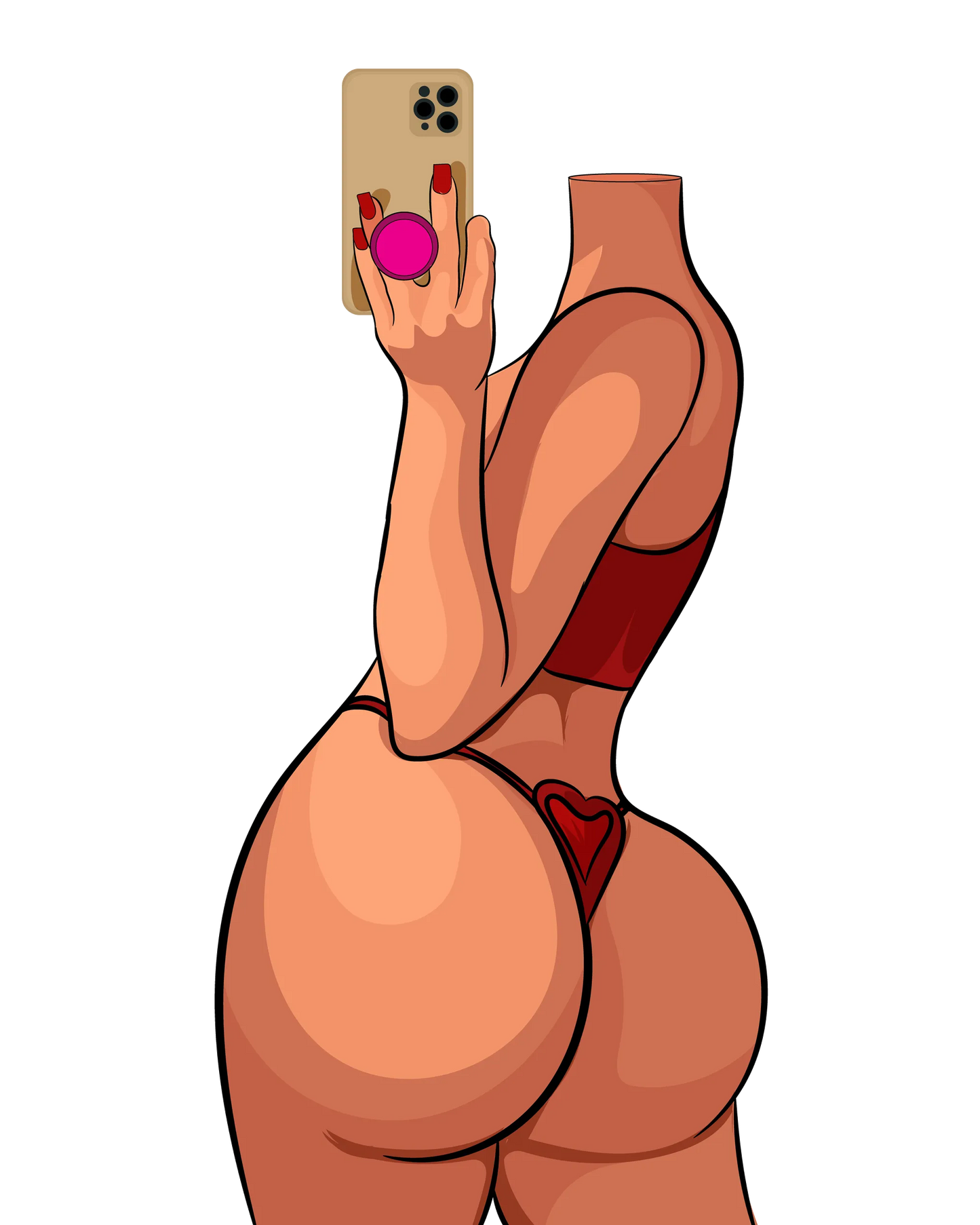 Model 17 digital art in red lingerie holding smartphone, baked art design.