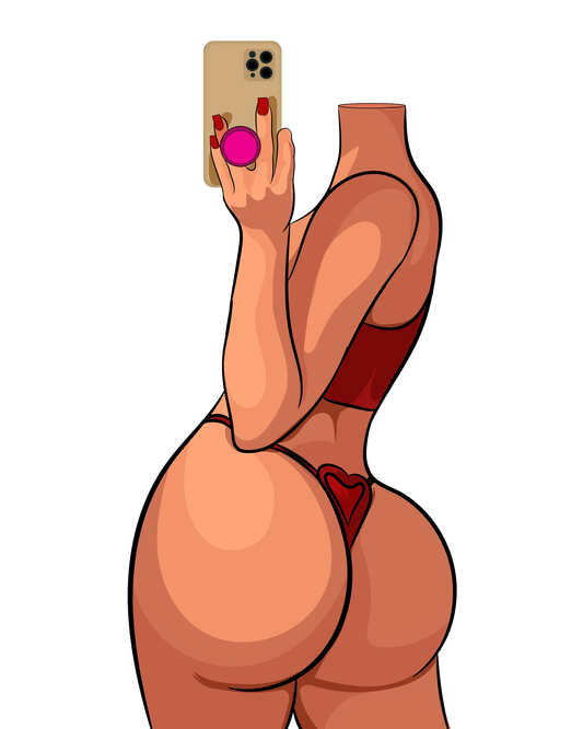 Model 17 digital art in red lingerie holding smartphone, baked art design.