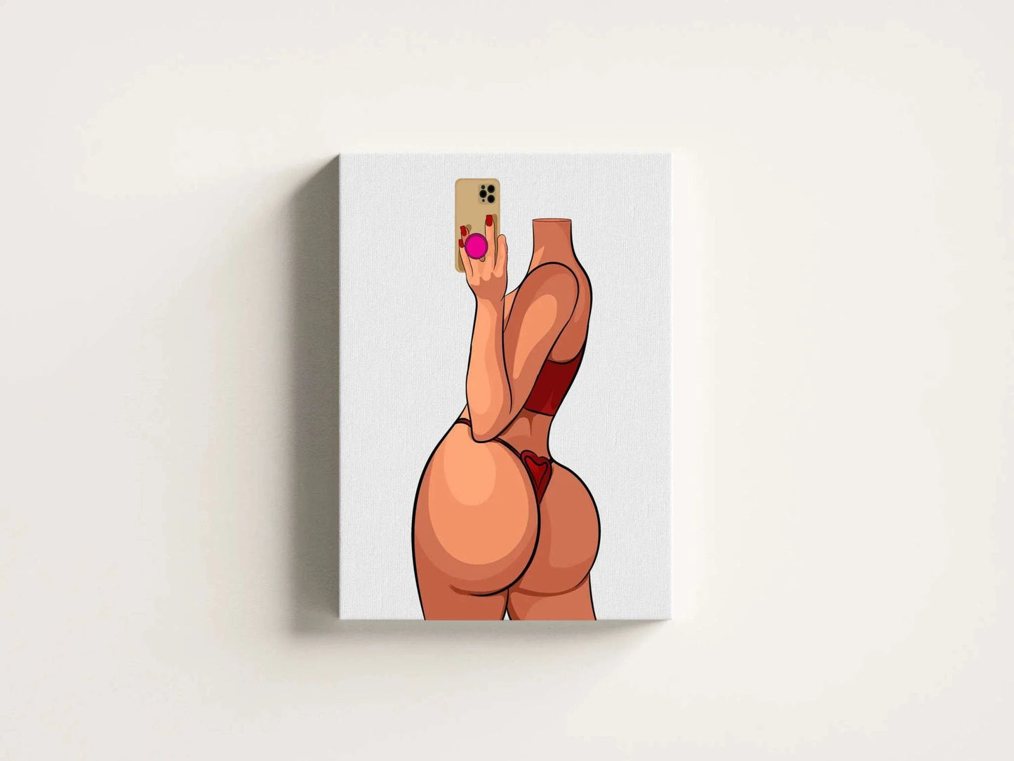 Model 17 digital art in red lingerie holding smartphone, vibrant colors.