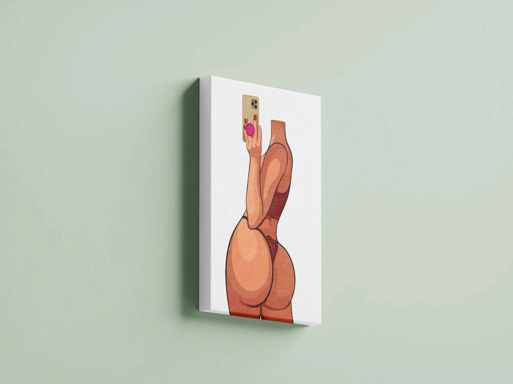 Digital art of Model 17 in red lingerie holding a smartphone, highlighting bold nails and playful heart accent, titled 'Lingerie Model 17 - Baked Art'.