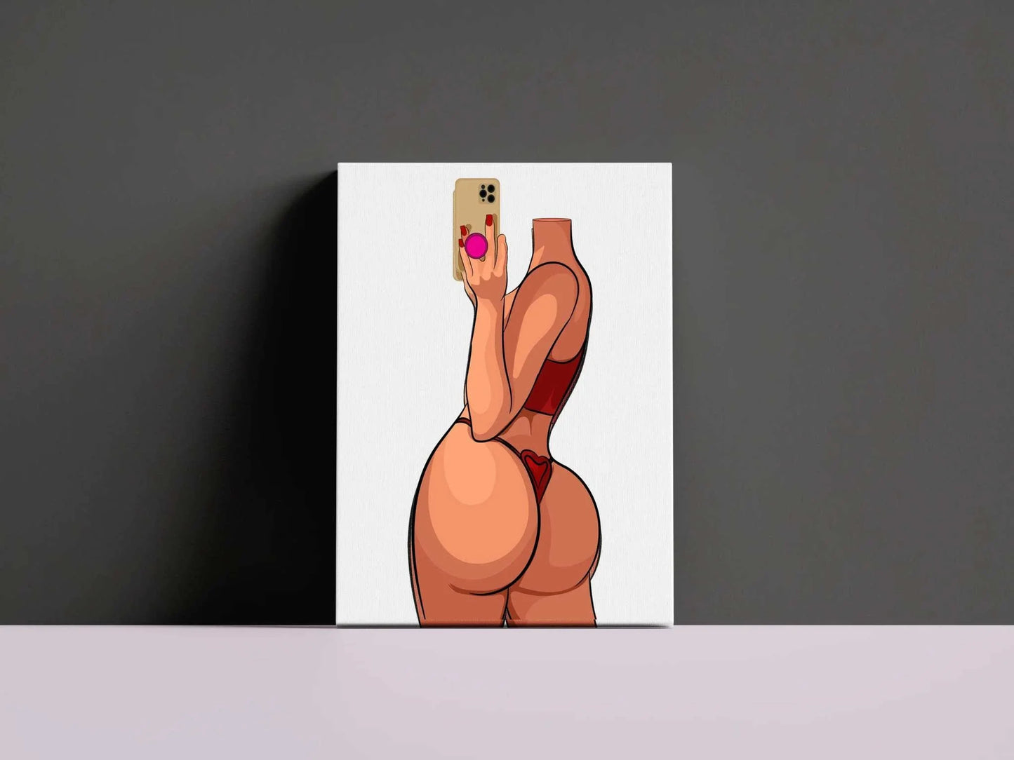 Model 17 - Baked Art featuring a digital illustration of a figure in red lingerie holding a smartphone; vibrant and stylish design.