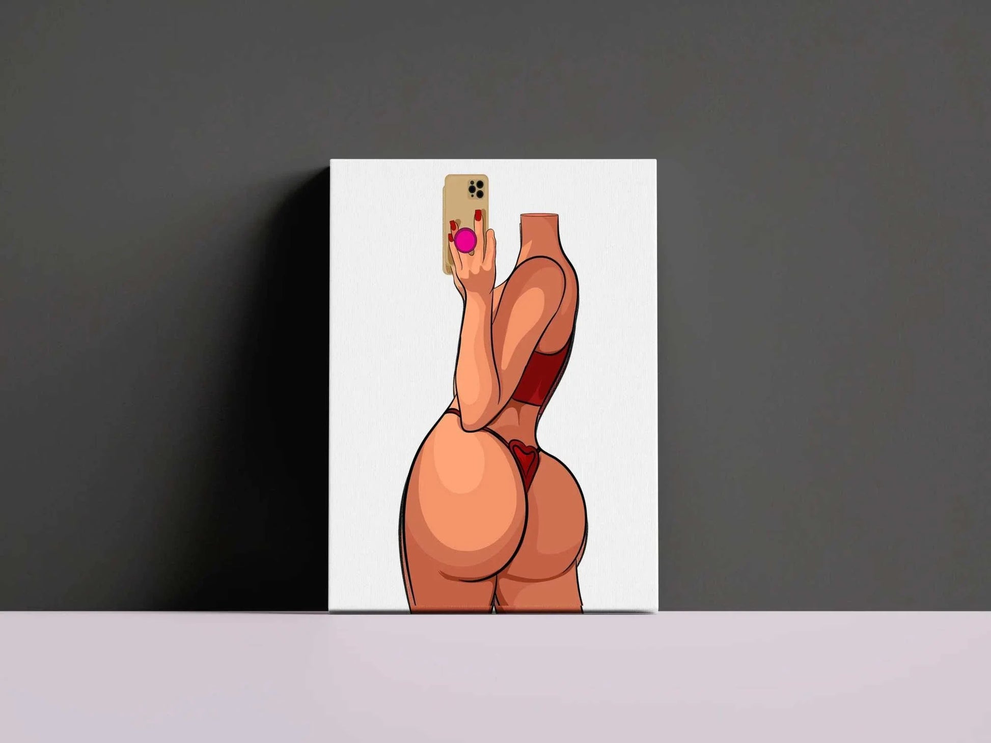 Model 17 - Baked Art featuring a digital illustration of a figure in red lingerie holding a smartphone; vibrant and stylish design.