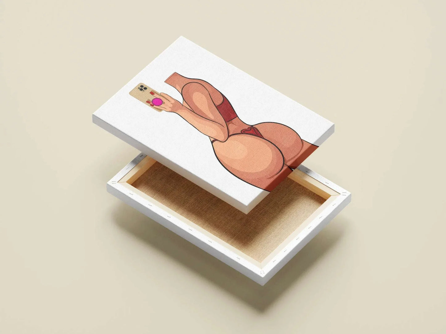 Model 17 - Baked Art: Digital illustration of a figure in red lingerie with a smartphone, featuring vivid colors and playful design elements.