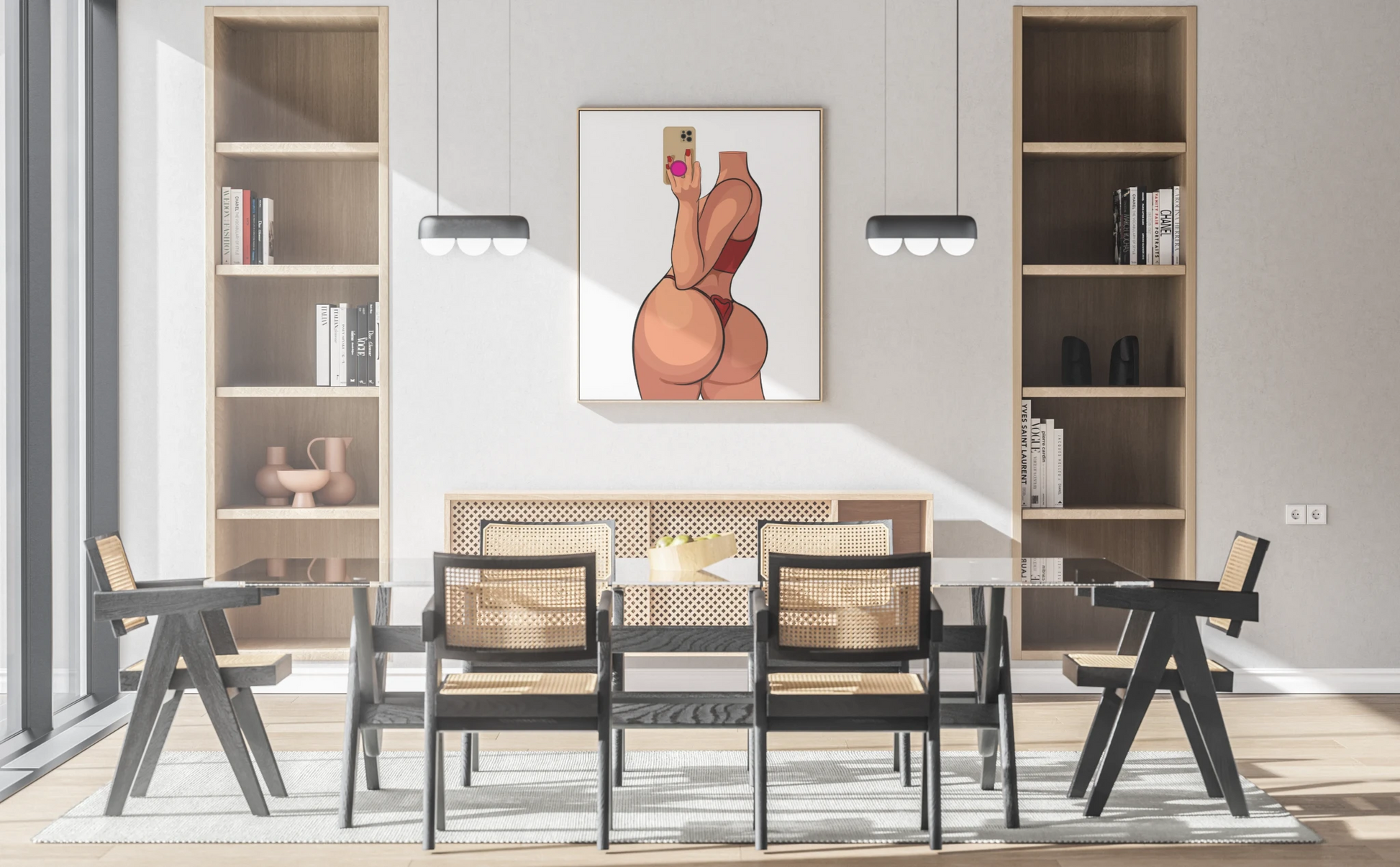 Model 17 - Baked Art framed print in modern dining room, featuring a digital depiction of a figure in red lingerie holding a smartphone.