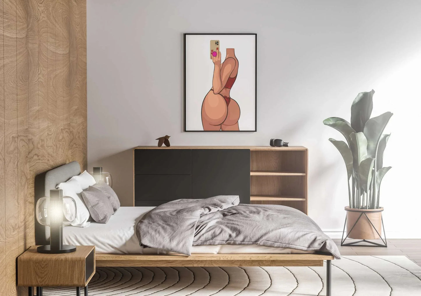 Model 17 - Baked Art digital illustration displayed in modern bedroom.