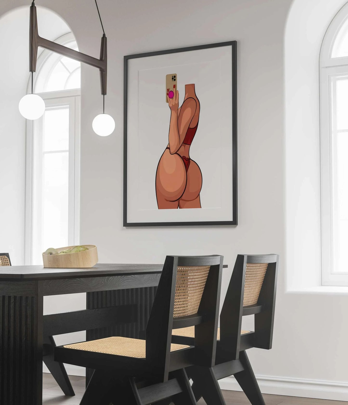 Model 17 digital art of figure in red lingerie with smartphone, bold nails, heart accent, framed in modern room.