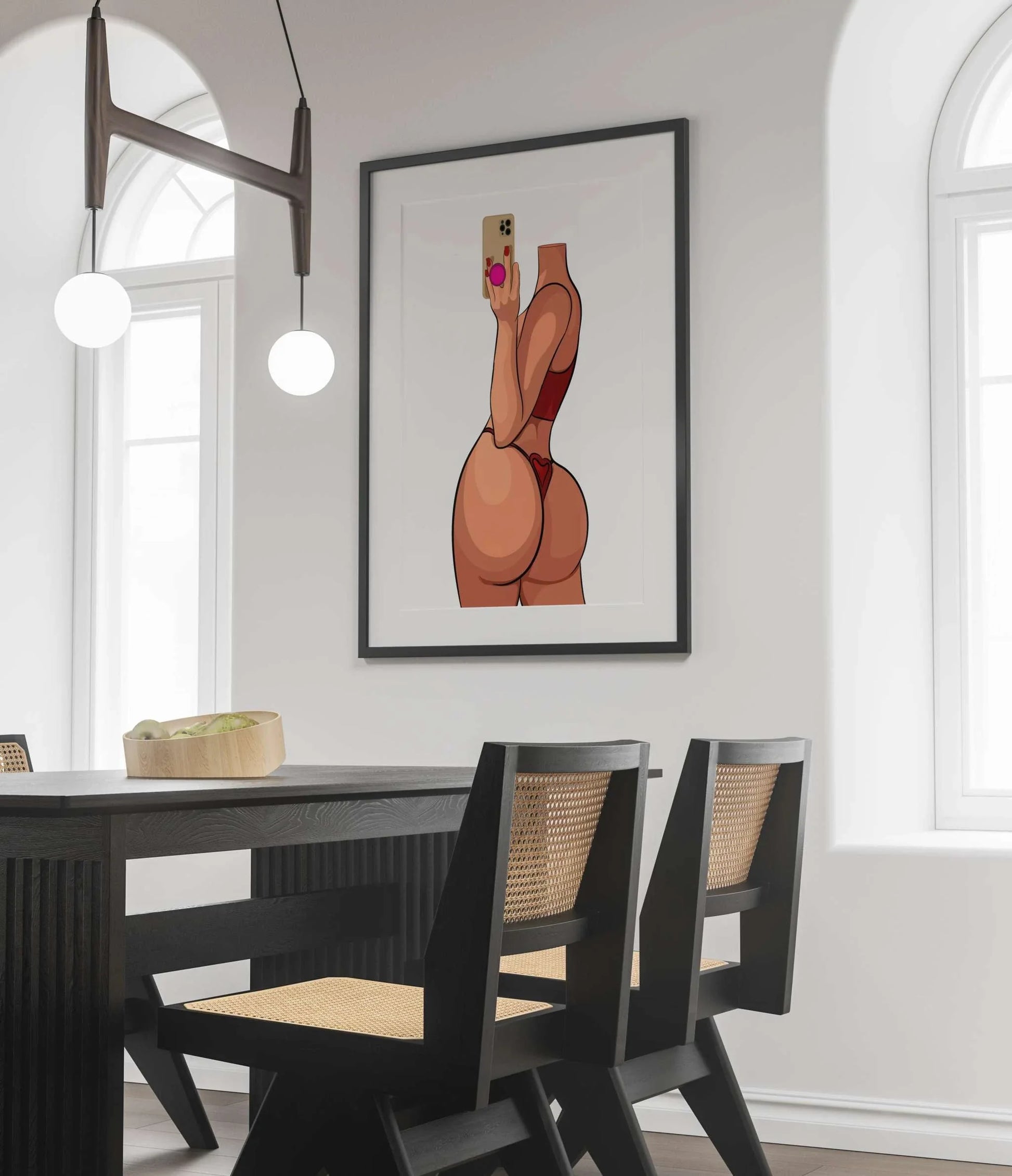 Model 17 digital art of figure in red lingerie with smartphone, bold nails, heart accent, framed in modern room.