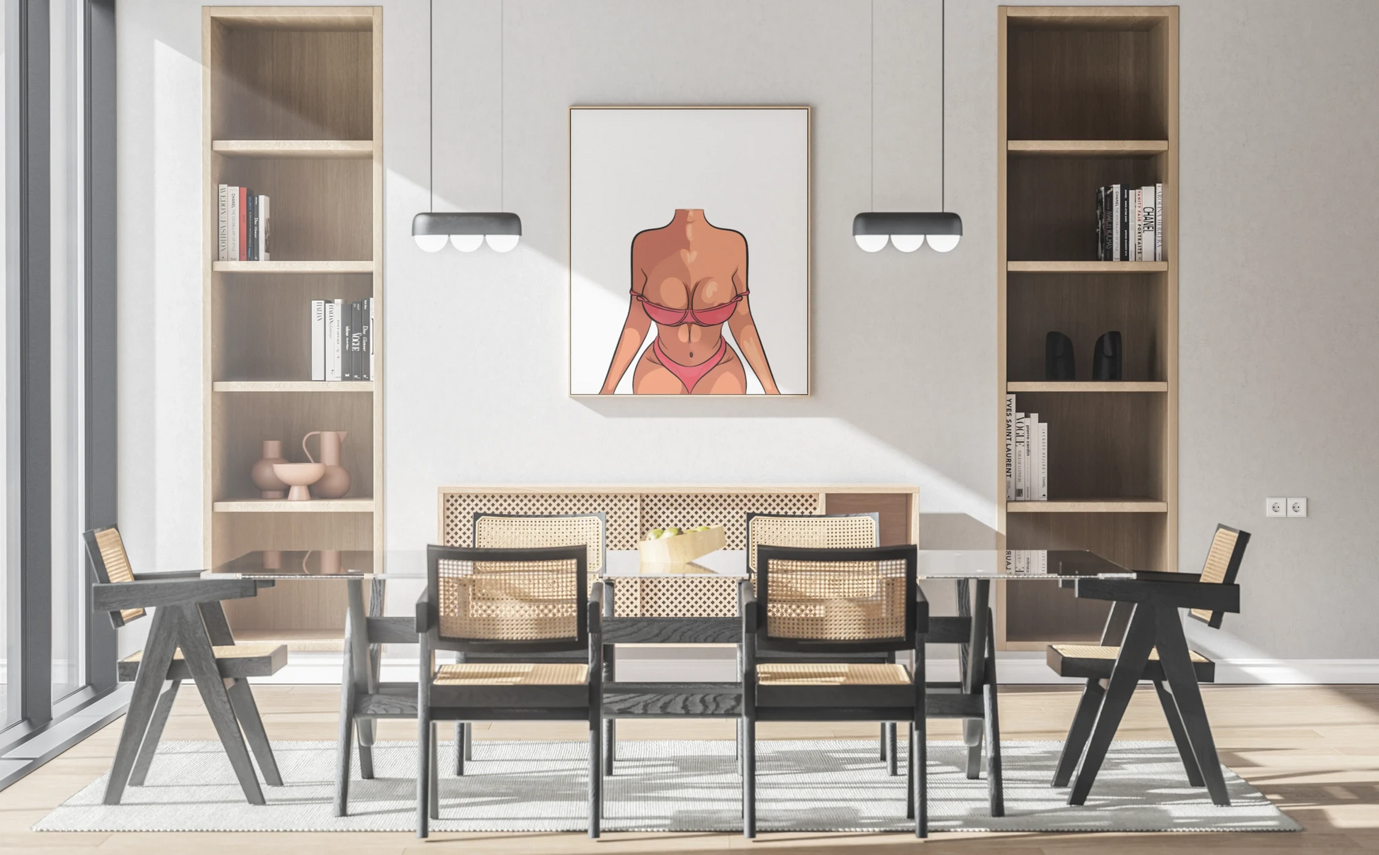 Digital art of Model 18 in a stylish red bikini displayed in a modern dining room setting.