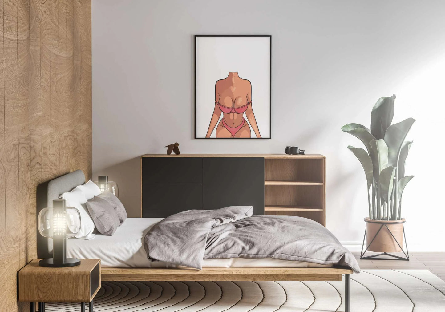 Artwork of a figure in a red bikini, featuring sleek baked art style by Digitalized Arts, displayed in a modern bedroom.