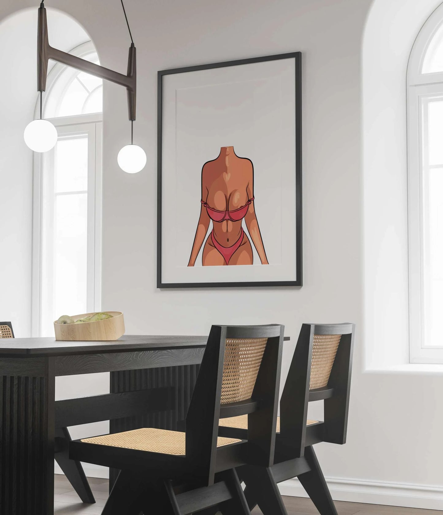 Model 18 - Baked Art digital illustration in a red bikini, highlighting elegance and lifelike anatomy, framed in a modern dining room setting.