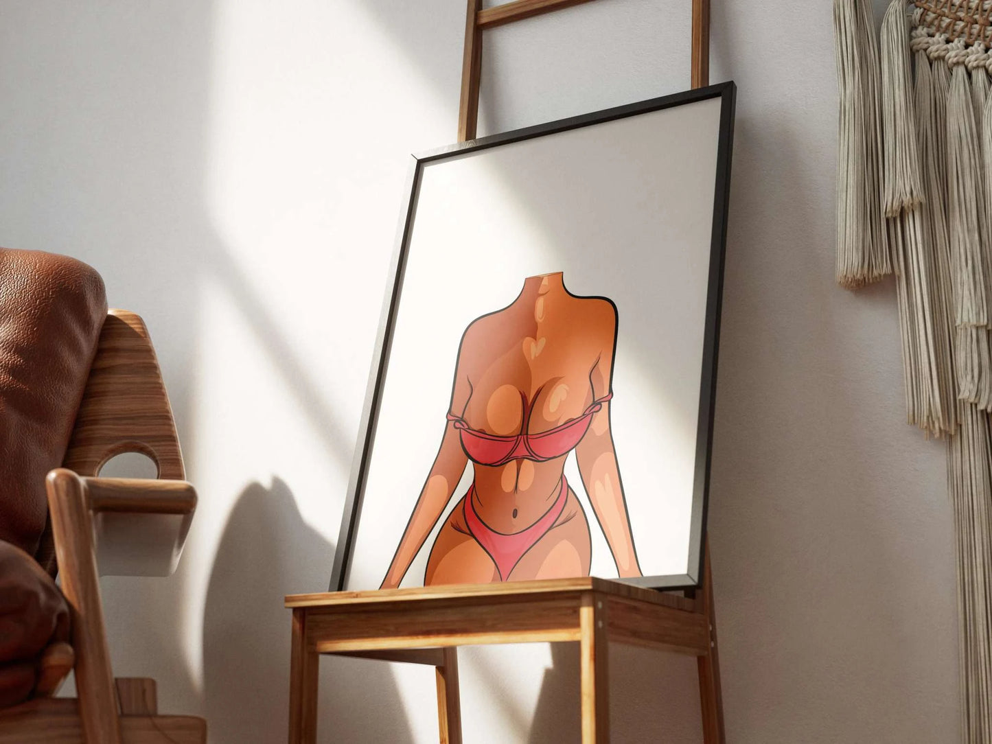 Model 18 baked art in red bikini, elegant lifelike detailing, digital print on wooden chair.