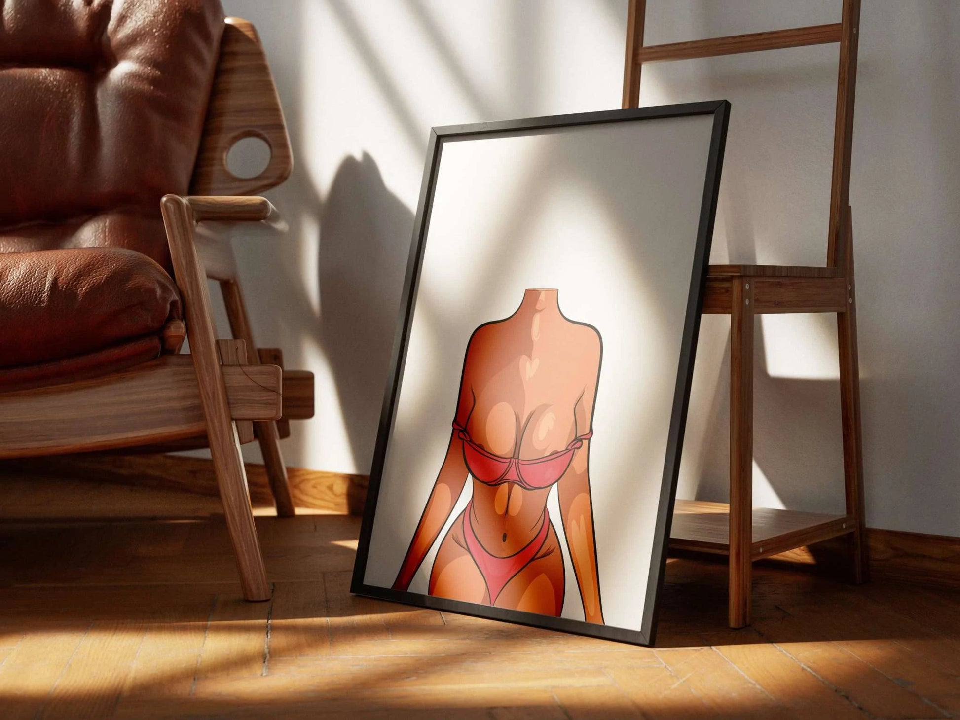 Model 18 Baked Art digital illustration in a frame, highlighting figure in stylish red bikini on wooden floor.