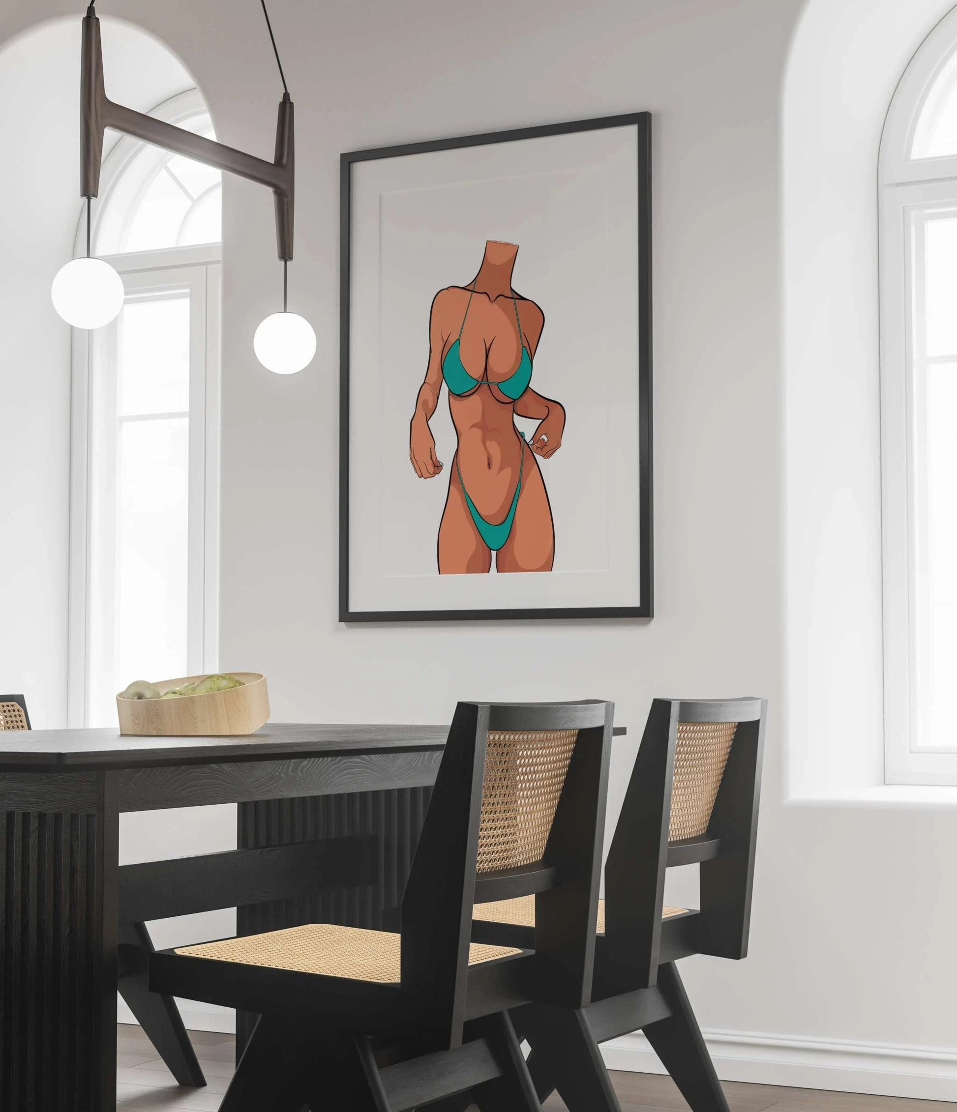 Bikini Model 19 framed artwork in modern dining room setting.