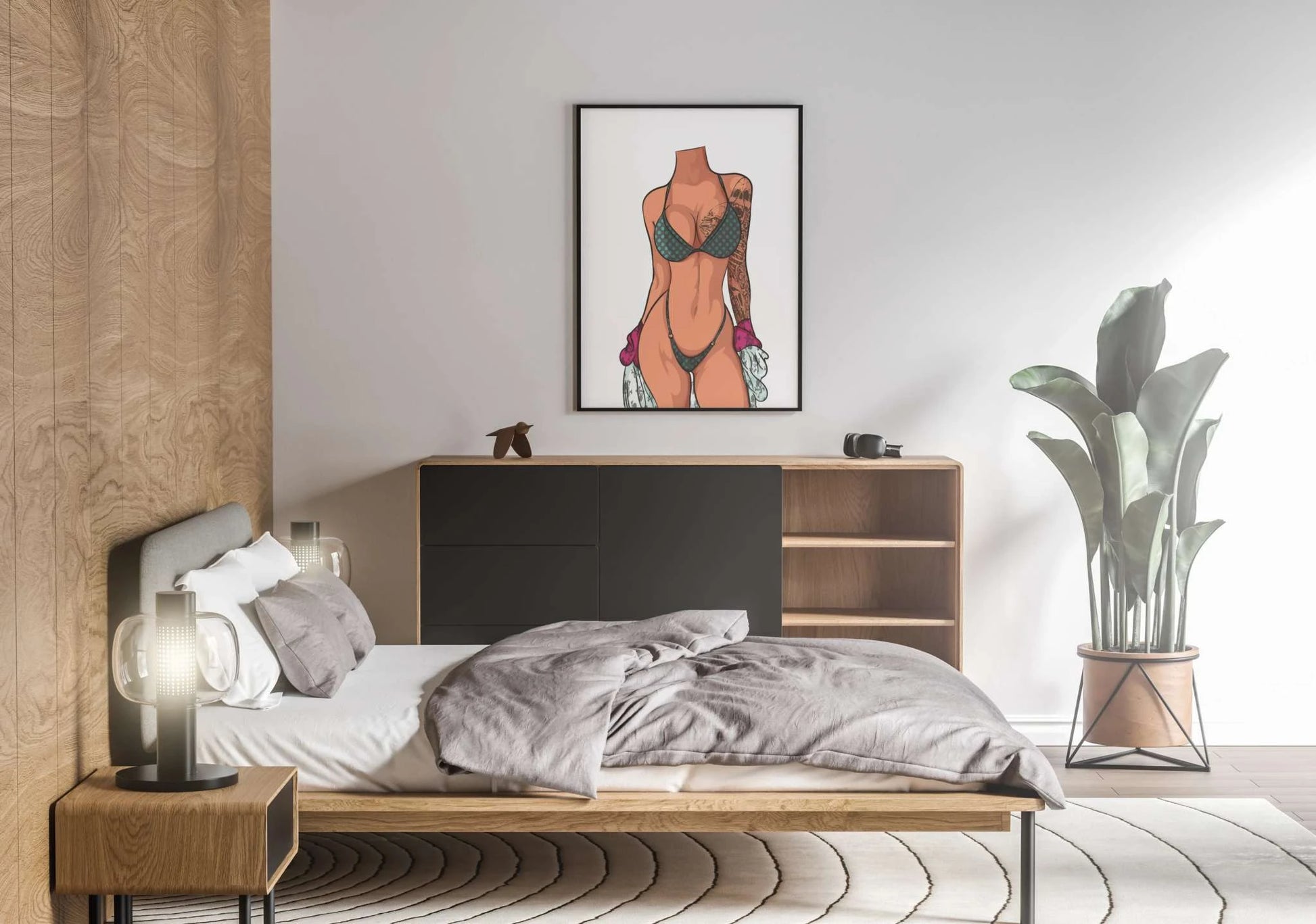 Digital sketch of a bikini model displayed in a modern bedroom setting, showcasing minimalist line art perfect for artists and designers.
