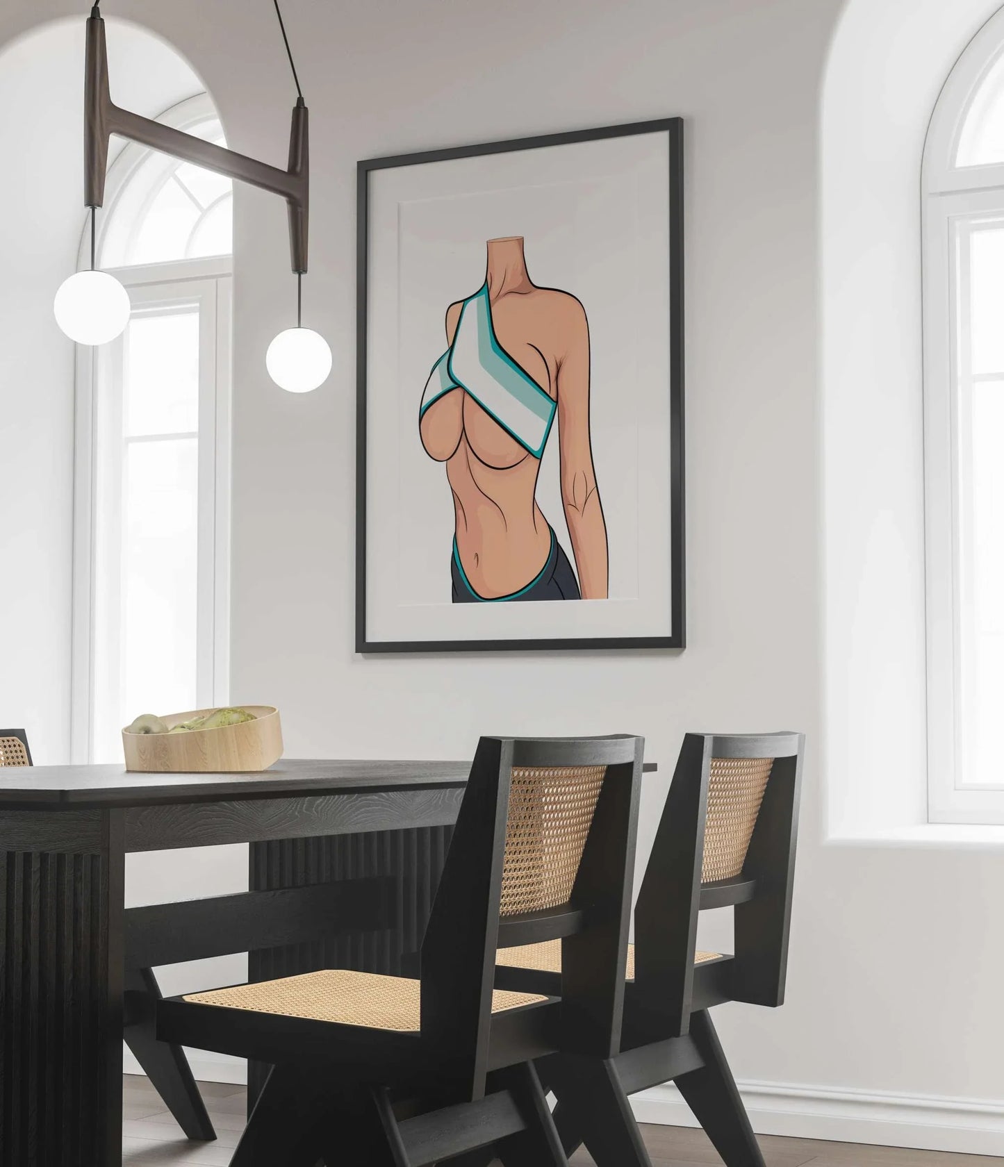 Model 22 - Baked Art framed on a modern dining room wall, showcasing a dynamic figure in an athletic top.