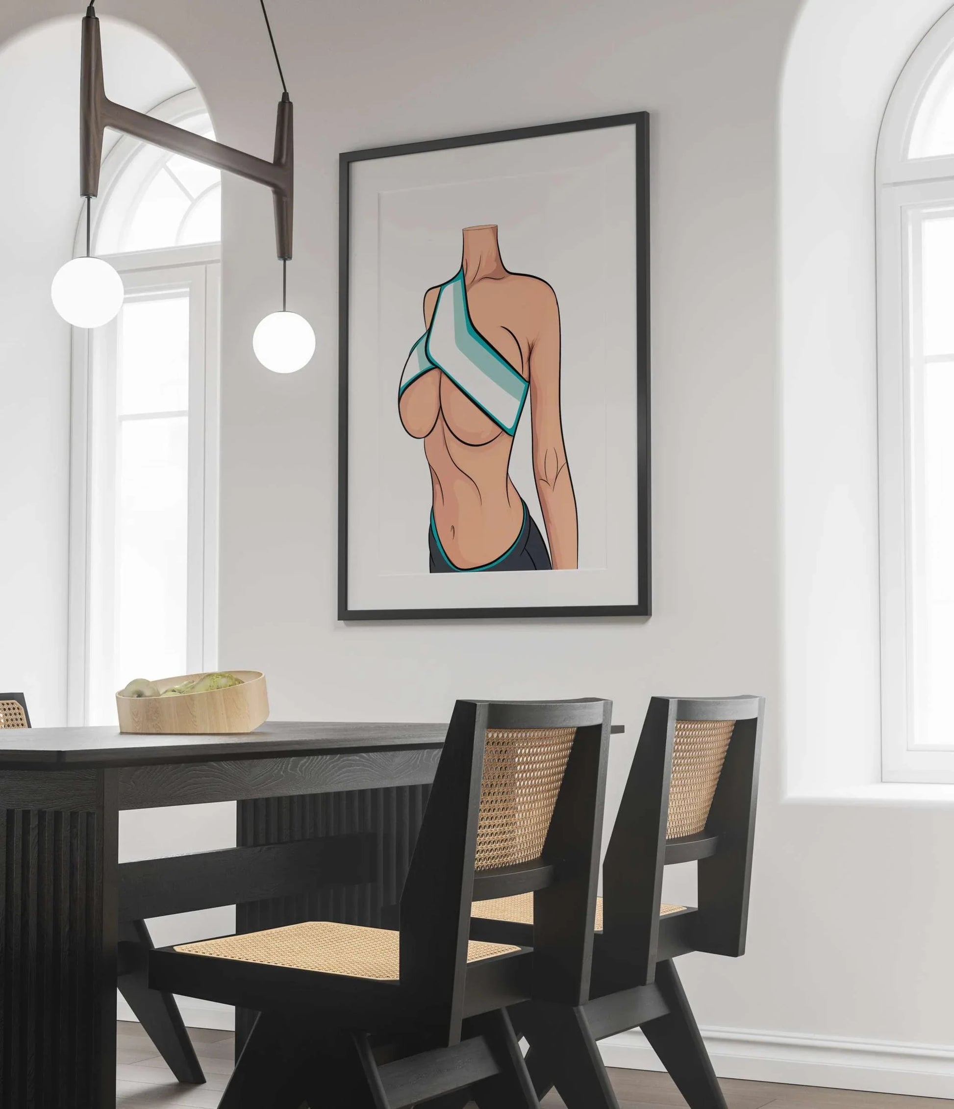 Model 22 - Baked Art framed on a modern dining room wall, showcasing a dynamic figure in an athletic top.