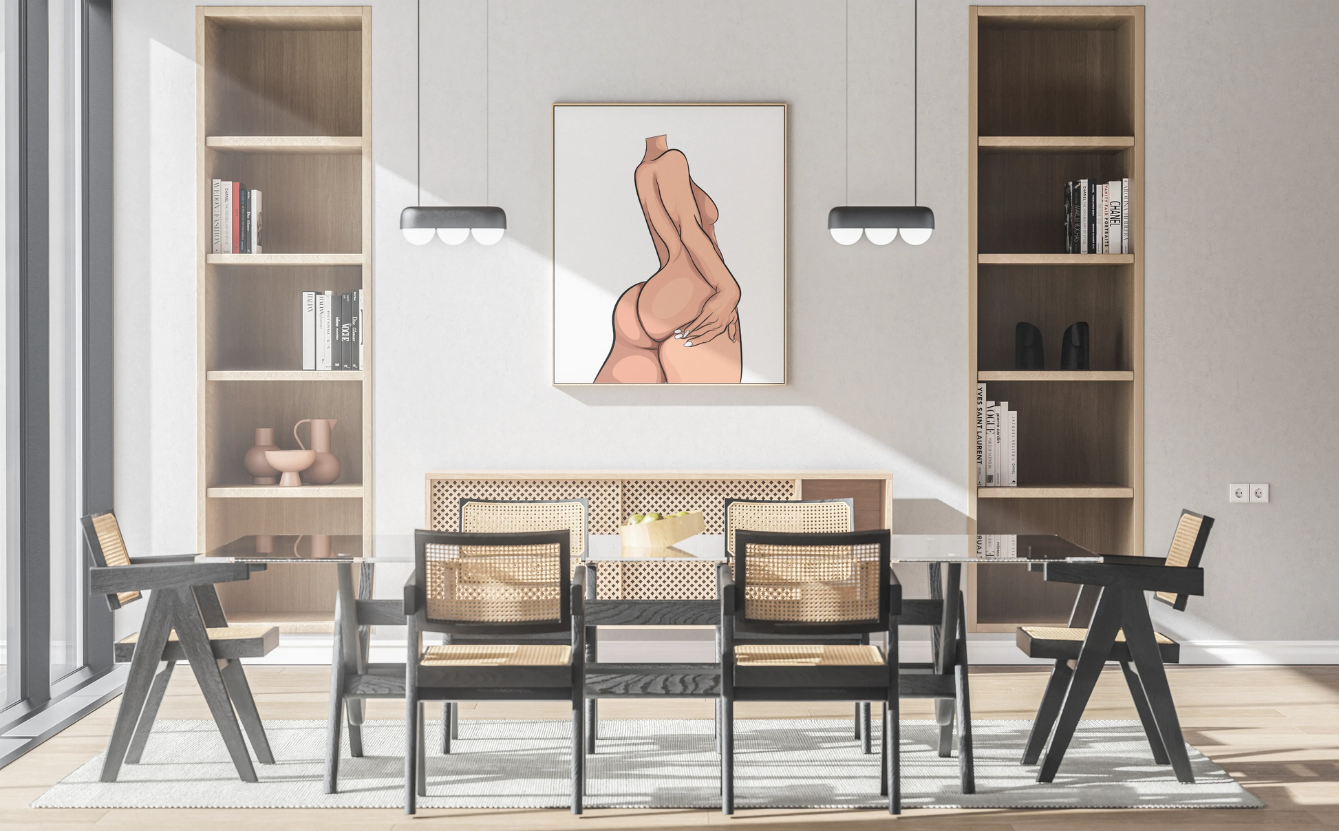 Digital artwork featuring a bold and curvy female figure in a modern dining room setting, Model 23.