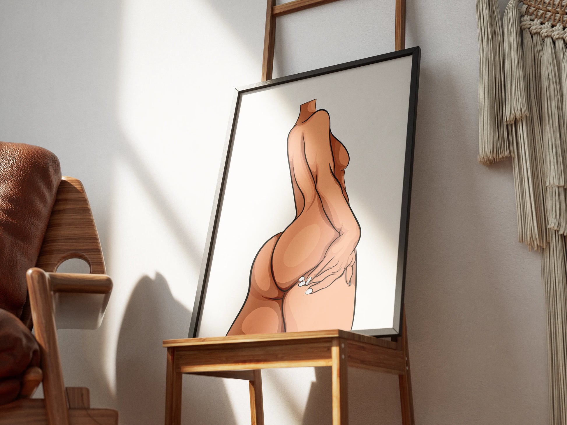 Bold curvy digital woman figure art print, Model 23, on wooden easel.
