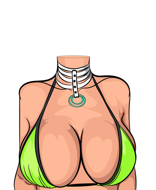 Model 24 Baked Art in vibrant lime bikini and modern choker.