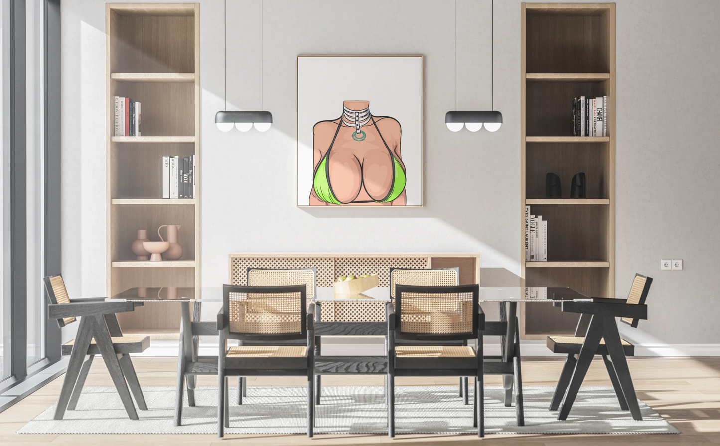 Vibrant digital art of a model in lime bikini with layered choker; modern wall decor.