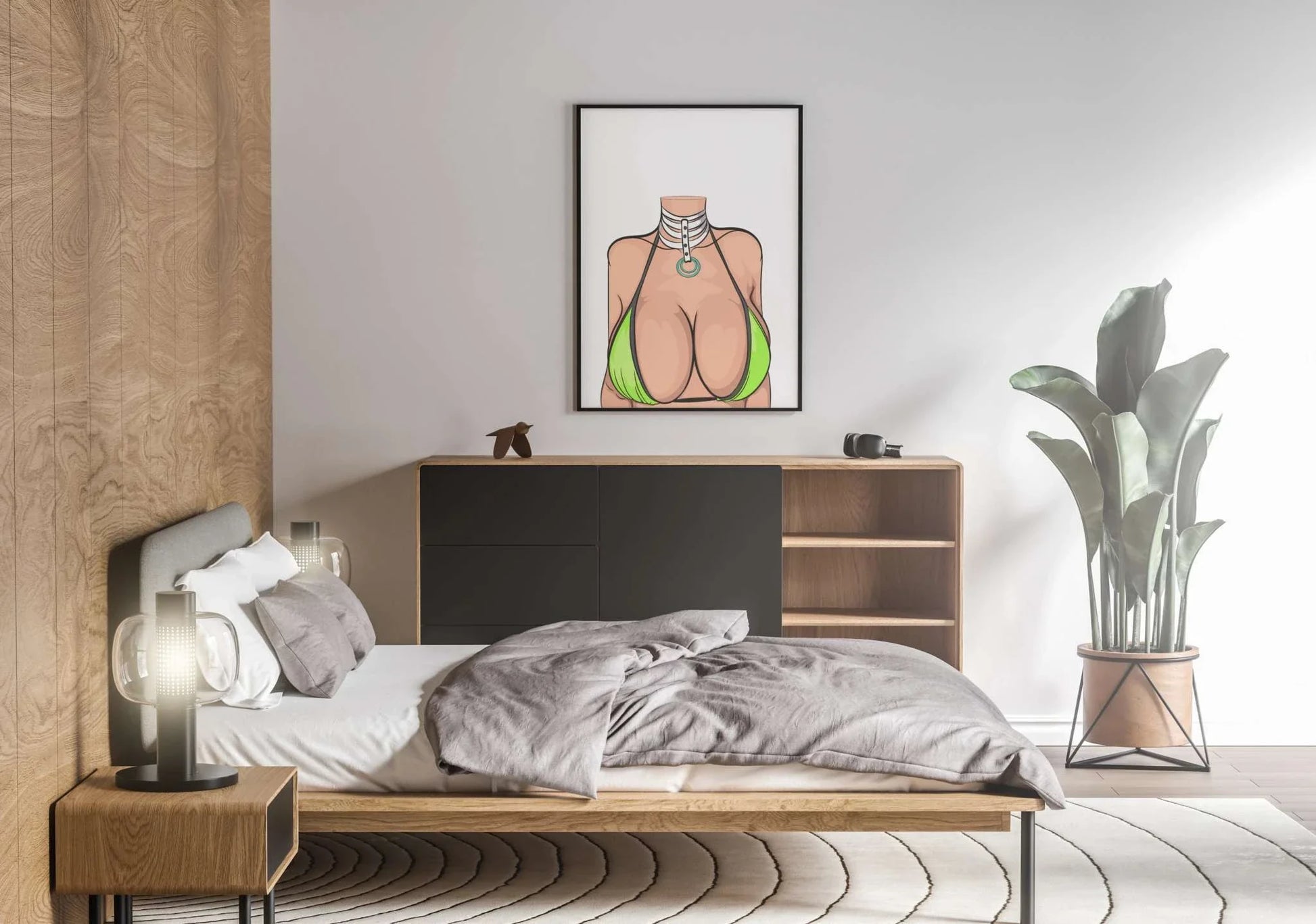 Digital art of a model in lime bikini with layered choker, framed on a bedroom wall; Model 24 - Baked Art.