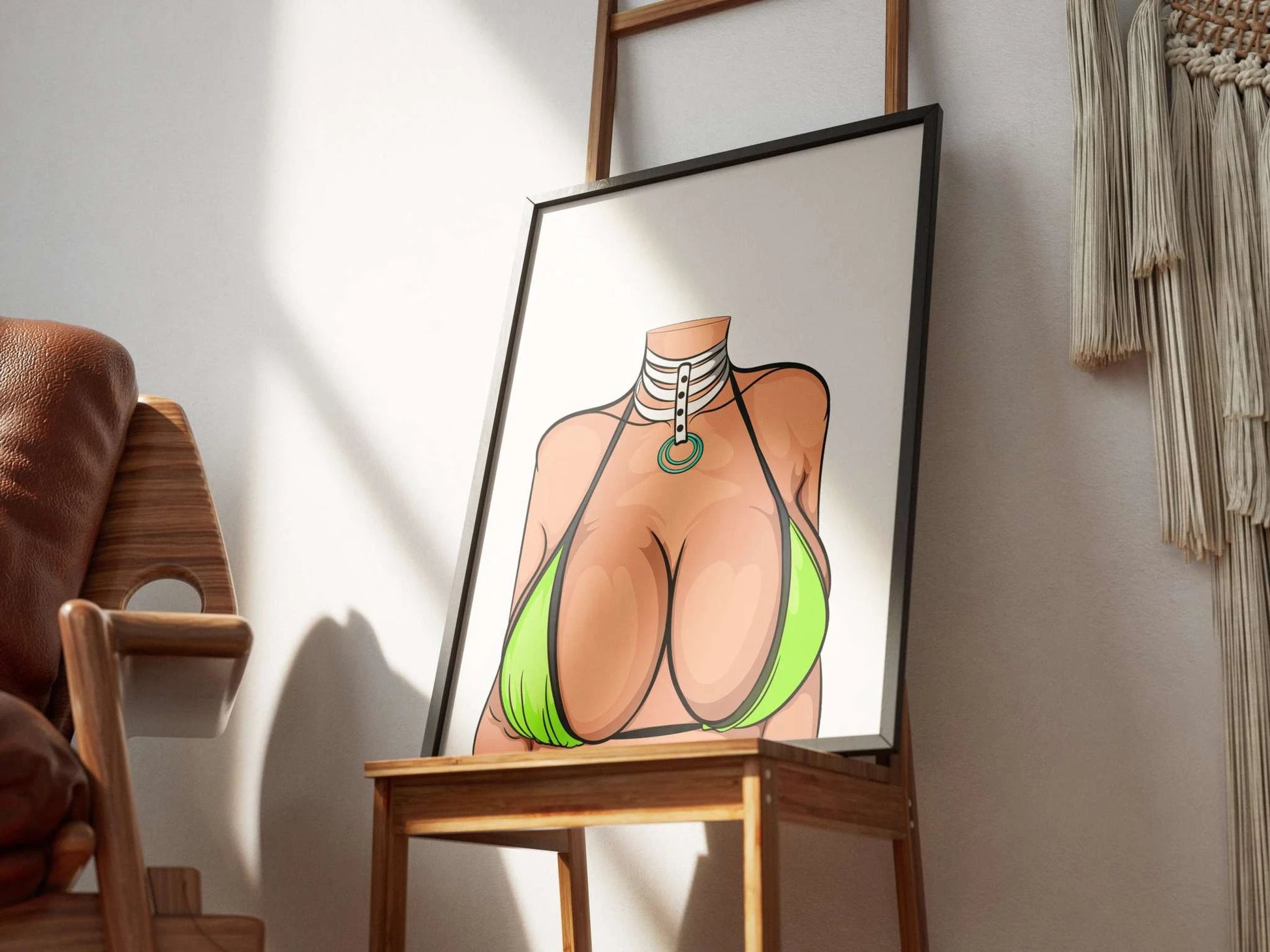 Lime Elegance artwork in frame featuring striking lime bikini and choker, by Digitalized Arts.