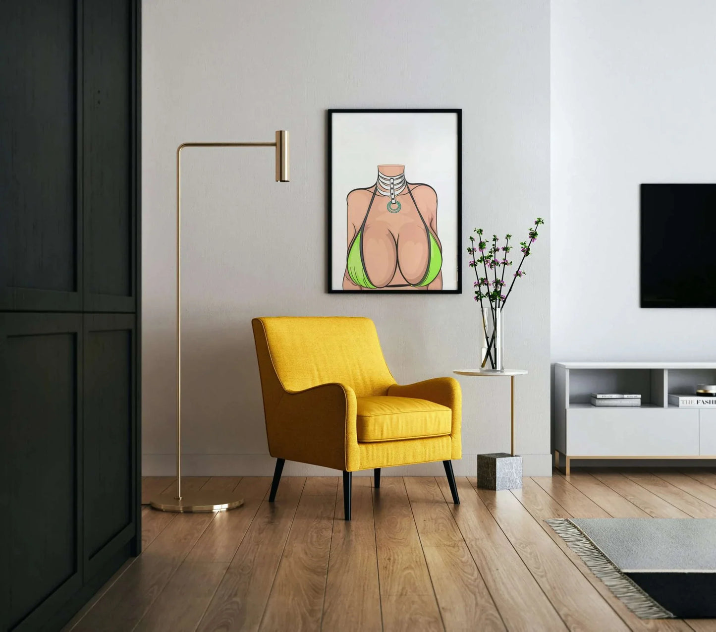 Digital artwork of a figure in a lime bikini and layered choker, titled "Model 24 - Baked Art" by Digitalized Arts, displayed in a modern living room.
