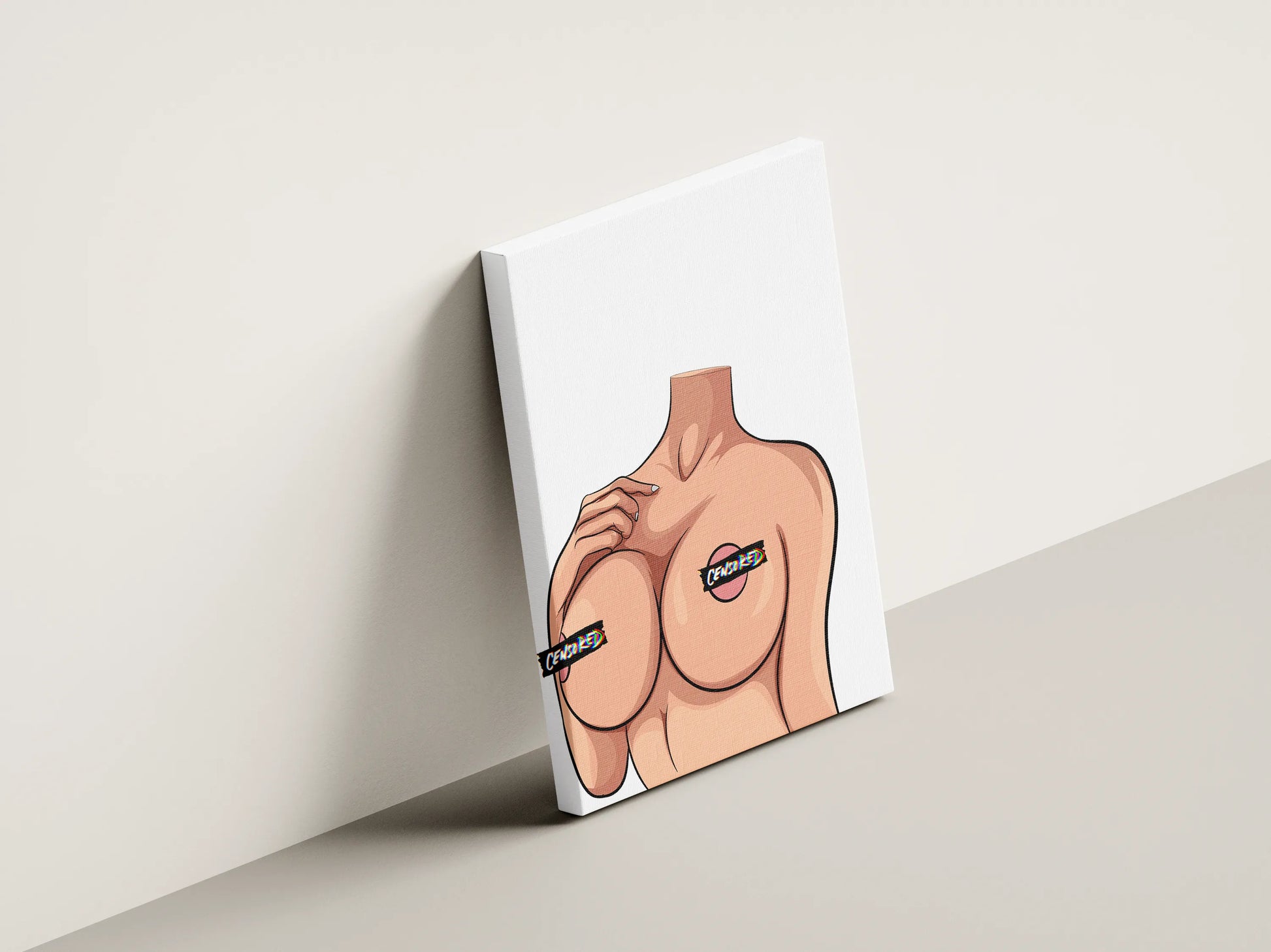 Bold pop art digital artwork titled "Model 26 - Baked Art" featuring a headless female form with censored labels, highlighting body positivity and artistic freedom.